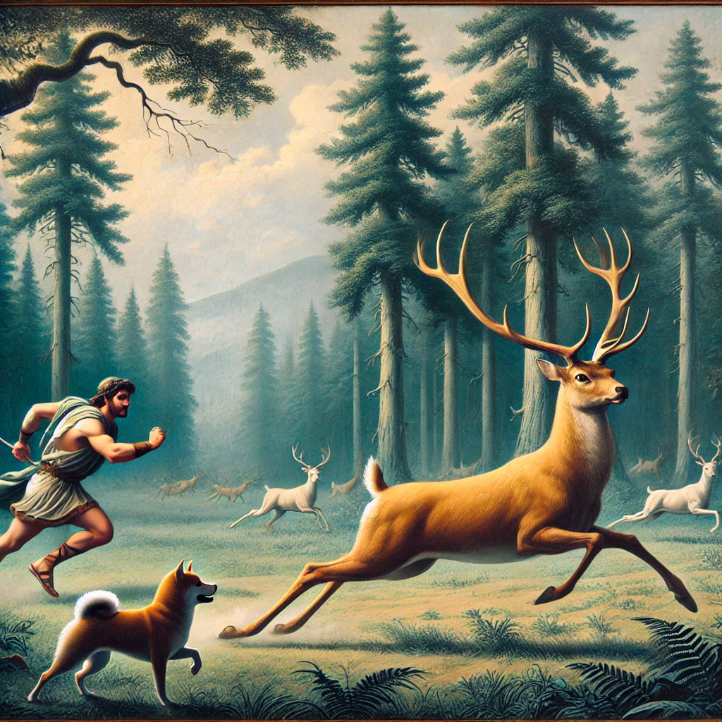 DALL·E-2024-10-05-17.52.58-A-scene-from-Greek-mythology-where-Heracles-is-chasing-the-swift-golden-horned-Ceryneian-Hind-a-sacred-deer-of-Artemis-as-part-of-his-third-labor.- ギリシャ神話With柴犬：ヘラクレスの十二の試練【③アルテミスの鹿捕獲】