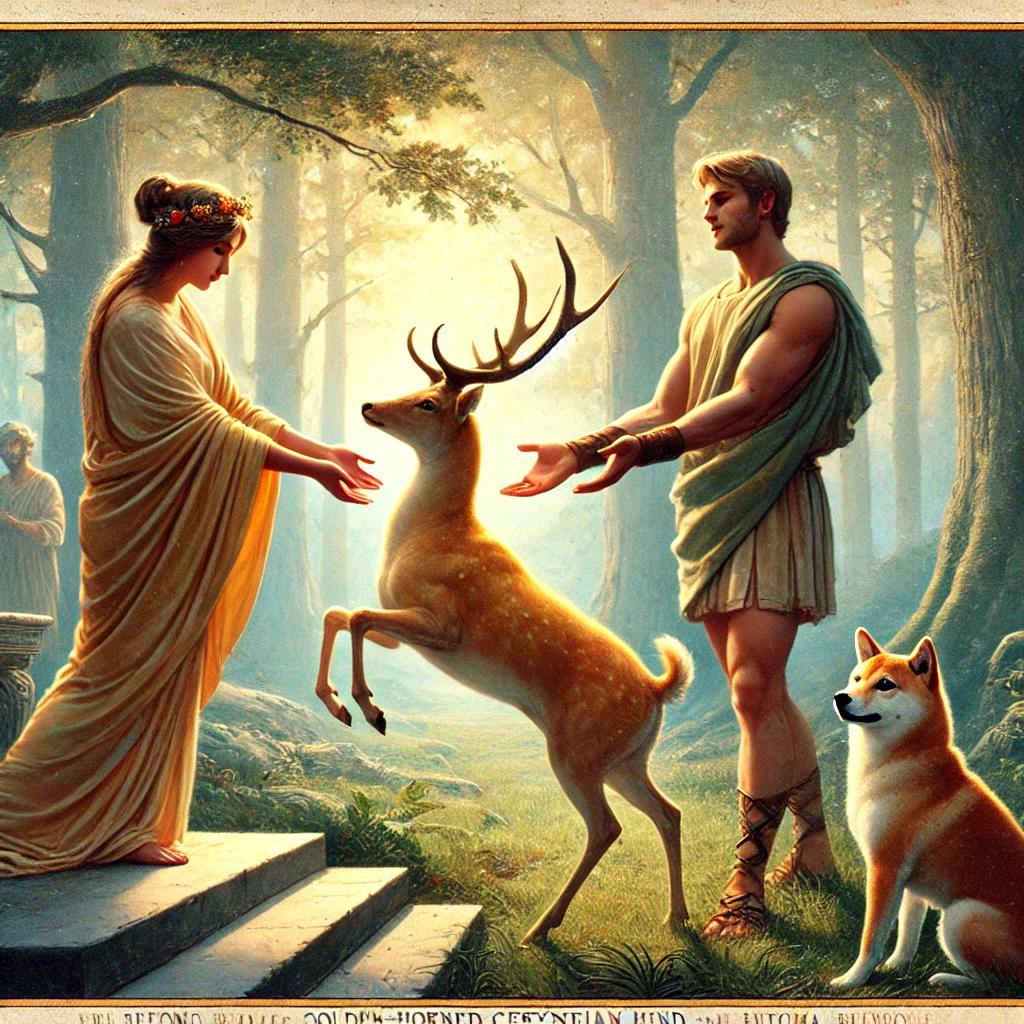 DALL·E-2024-10-05-17.53.43-A-scene-from-Greek-mythology-where-Heracles-is-returning-the-sacred-golden-horned-Ceryneian-Hind-to-the-goddess-Artemis-after-successfully-capturing-i ギリシャ神話With柴犬：ヘラクレスの十二の試練【③アルテミスの鹿捕獲】