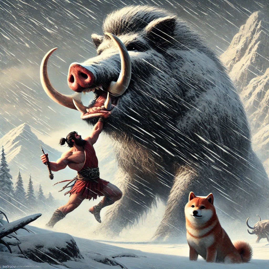 DALL·E-2024-10-05-18.02.00-A-dramatic-scene-from-Greek-mythology-where-Heracles-is-capturing-the-giant-Erymanthian-Boar-during-a-fierce-snowstorm.-Heracles-is-shown-gripping-the ギリシャ神話With柴犬：ヘラクレスの十二の試練【④エリュマントスの猪捕獲】