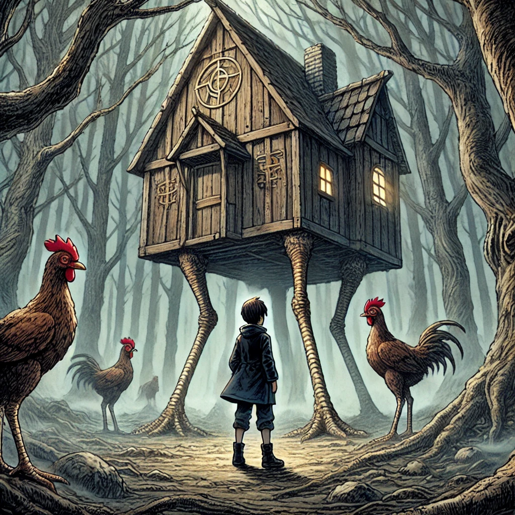 DALL·E-2024-10-06-01.59.18-A-scene-showing-a-mysterious-house-standing-on-chicken-legs-in-the-middle-of-a-dark-forest.-The-house-is-old-and-worn-with-strange-symbols-and-a-wood ババ・ヤガと三人の騎士：口伝・伝承により伝えられたタイトルの無い英雄譚をAIと発見してみた