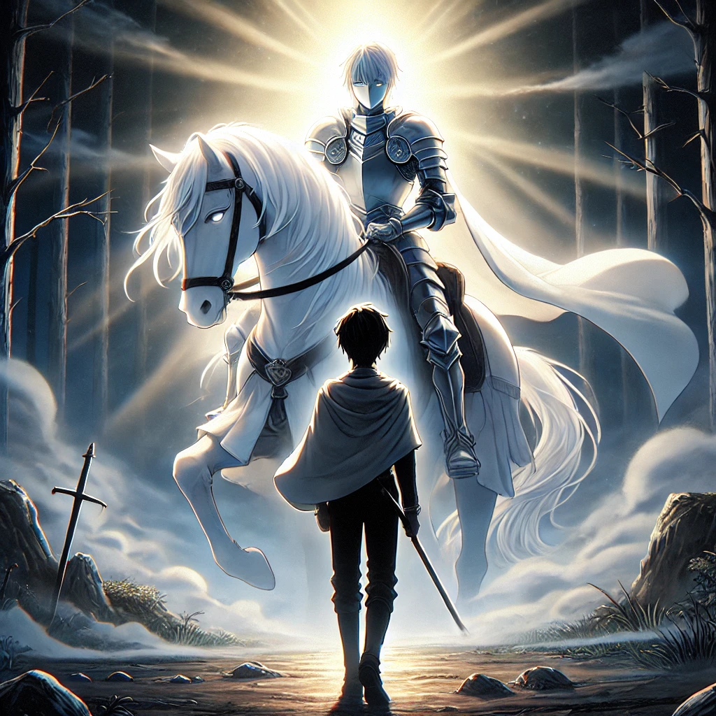 DALL·E-2024-10-06-02.01.56-A-dramatic-scene-showing-the-appearance-of-the-White-Knight-in-shining-armor-riding-a-white-horse.-The-knight-glows-with-a-soft-morning-light-symbol ババ・ヤガと三人の騎士：口伝・伝承により伝えられたタイトルの無い英雄譚をAIと発見してみた