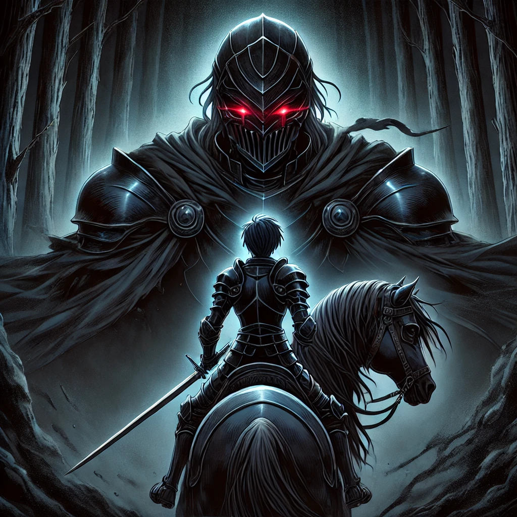 DALL·E-2024-10-06-02.16.13-A-dramatic-scene-showing-the-appearance-of-the-Black-Knight-in-dark-shadowy-armor-riding-a-black-horse.-The-Black-Knights-eyes-glow-red-in-the-dark ババ・ヤガと三人の騎士：口伝・伝承により伝えられたタイトルの無い英雄譚をAIと発見してみた