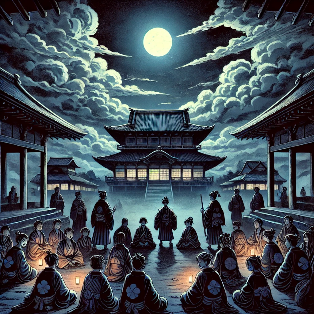 DALL·E-2024-10-07-00.43.24-A-dark-and-eerie-night-scene-in-ancient-Japan-showing-a-large-palace-in-the-distance-under-a-cloudy-night-sky-with-a-bright-moon.-Inside-the-palace- 鵺（ぬえ）名前の由来はトラツグミ？古から語られる合成獣をAIと語るよー