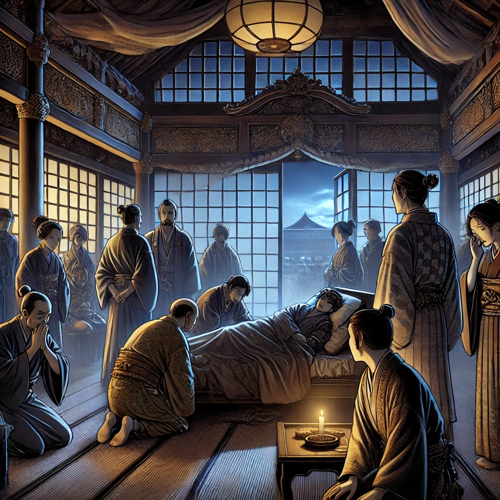 DALL·E-2024-10-07-00.44.40-A-tense-scene-inside-an-ancient-Japanese-palace-where-people-are-frightened-and-uneasy.-The-emperor-lies-sick-in-bed-surrounded-by-worried-officials 鵺（ぬえ）名前の由来はトラツグミ？古から語られる合成獣をAIと語るよー