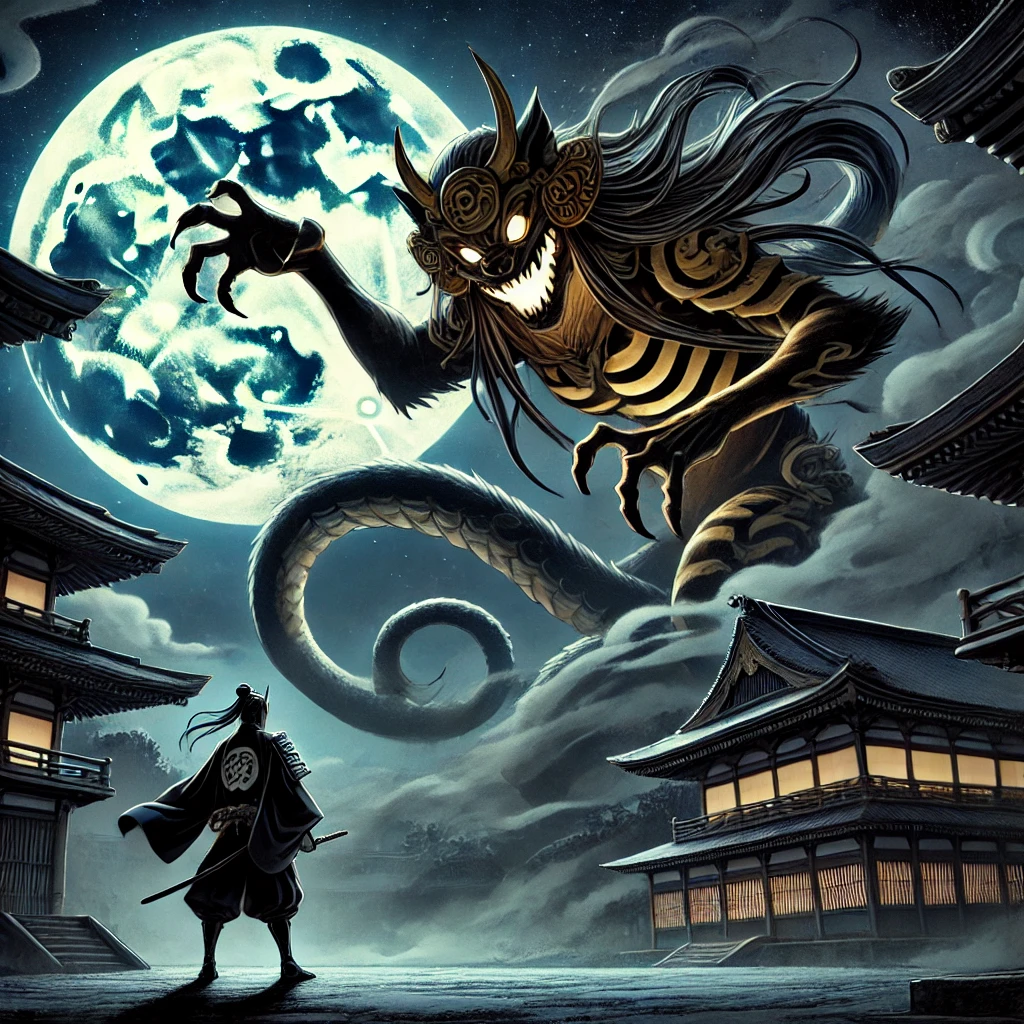 DALL·E-2024-10-07-00.48.10-A-dramatic-night-scene-in-ancient-Japan-showing-the-mythical-creature-Nue-revealing-its-terrifying-form-under-the-crescent-moon.-The-Nue-has-the-face 鵺（ぬえ）名前の由来はトラツグミ？古から語られる合成獣をAIと語るよー