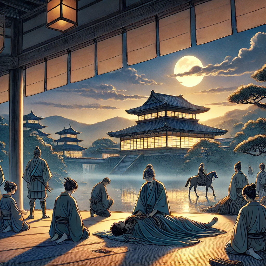 DALL·E-2024-10-07-00.53.42-A-peaceful-scene-in-ancient-Japan-showing-the-palace-in-the-background-as-dawn-breaks.-The-once-terrifying-night-is-now-calm-with-the-body-of-the-Nu 鵺（ぬえ）名前の由来はトラツグミ？古から語られる合成獣をAIと語るよー