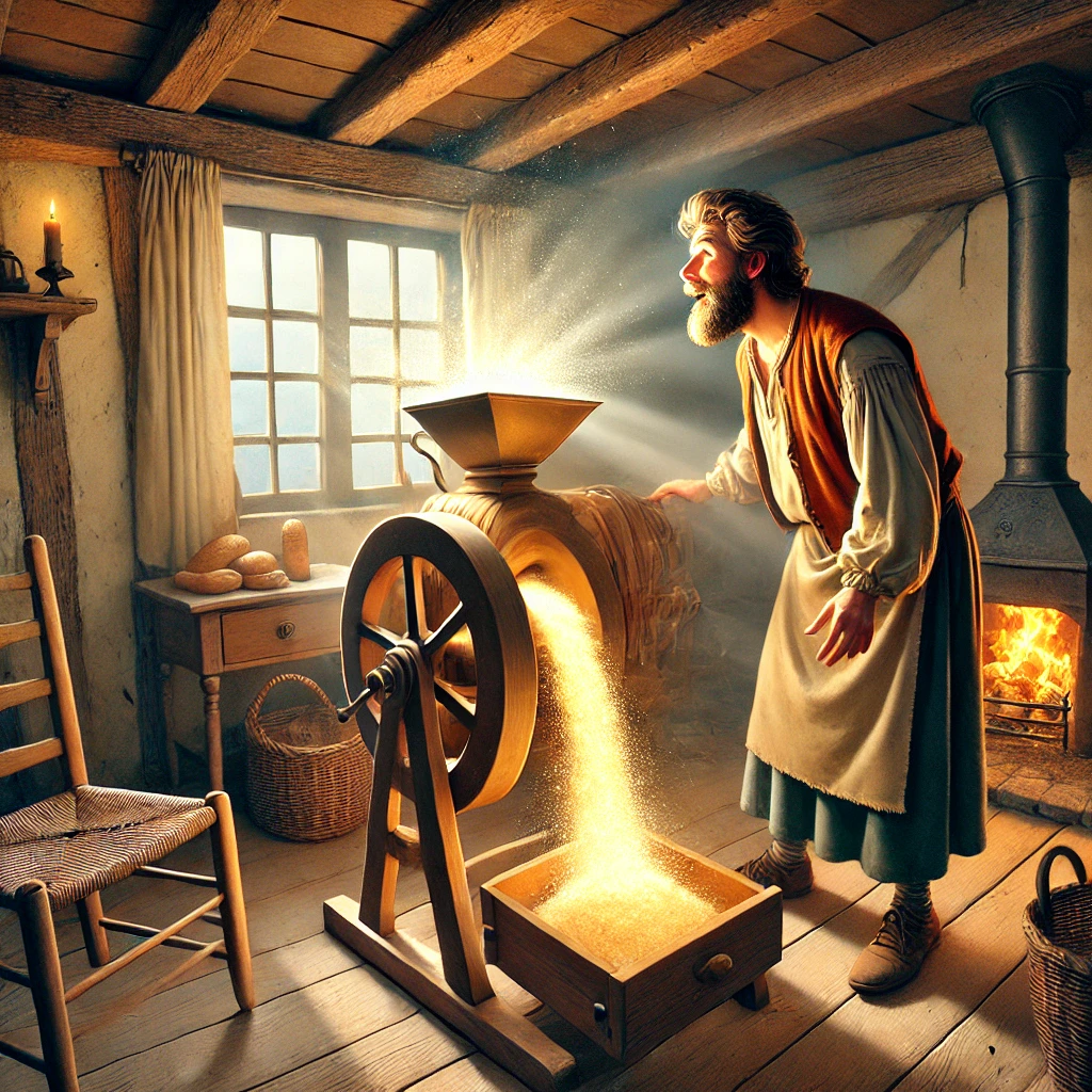 DALL·E-2024-10-07-03.47.58-A-realistic-scene-inside-a-humble-home-where-a-poor-man-is-using-the-magic-mill-for-the-first-time.-The-mill-is-grinding-bread-and-the-man-watches-i 海の水が塩辛い理由？北欧、ヨーロッパに伝わる「塩を挽く魔法の石臼」