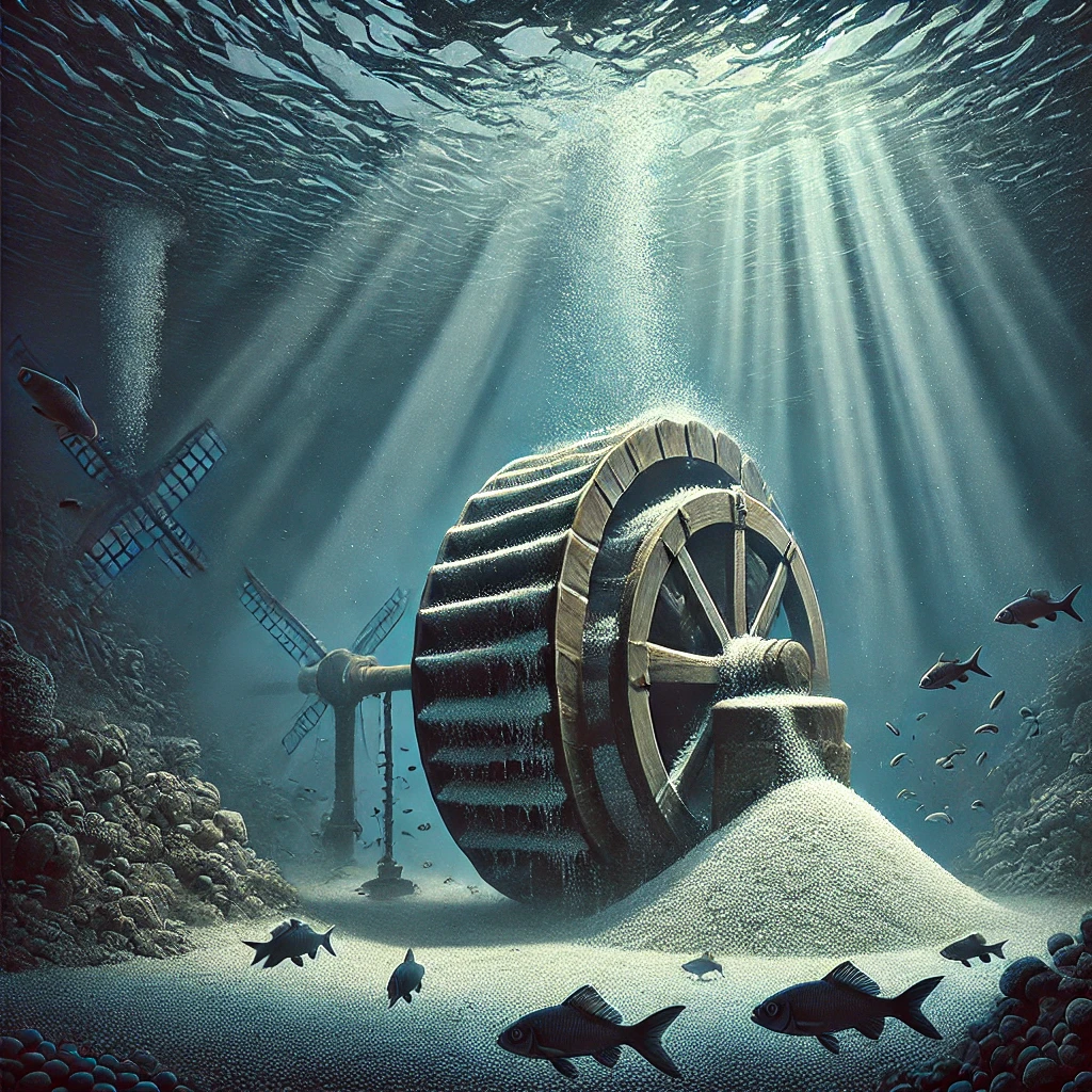 DALL·E-2024-10-07-18.28.37-A-realistic-scene-underwater-where-the-magic-mill-continues-to-grind-salt-at-the-bottom-of-the-ocean.-The-mill-is-sitting-on-the-seabed-with-salt-po 海の水が塩辛い理由？北欧、ヨーロッパに伝わる「塩を挽く魔法の石臼」