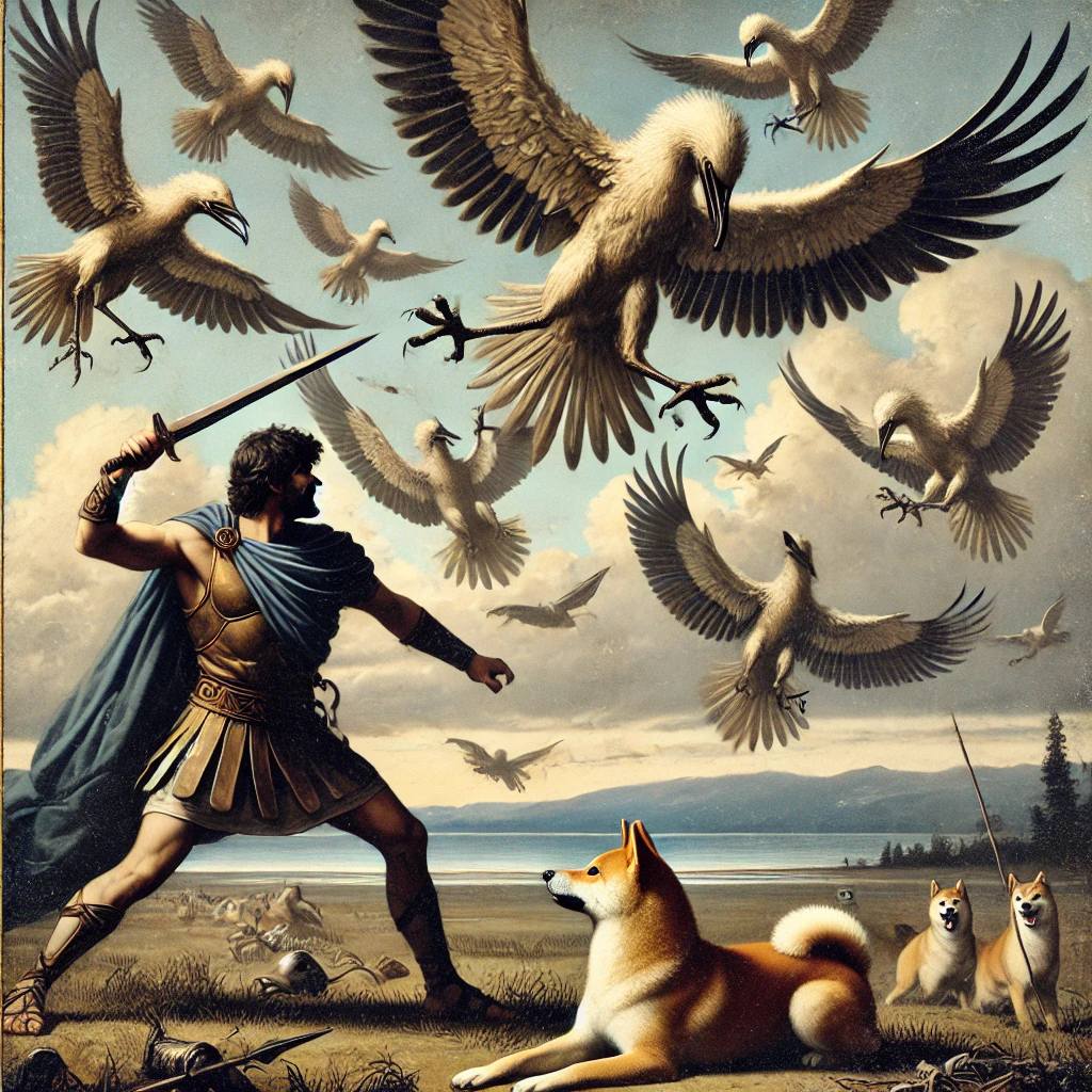 DALL·E-2024-10-07-18.51.59-A-dramatic-scene-from-Greek-mythology-where-Heracles-is-fighting-the-Stymphalian-Birds-as-part-of-his-sixth-labor.-The-birds-with-iron-beaks-and-shar ギリシャ神話With柴犬 ：ヘラクレスの十二の試練【⑥ステュムパリデスの鳥退治】