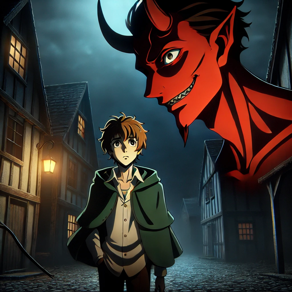 DALL·E-2024-10-07-19.24.42-A-scene-inspired-by-Japanese-anime-style-aimed-at-adults-featuring-Jack-a-scruffy-looking-man-standing-in-front-of-a-large-imposing-devil.-The-dev ハロウィンの話し：ジャック・オー・ランタン（悪魔をだました男の末路）を改めてAIと語るよー