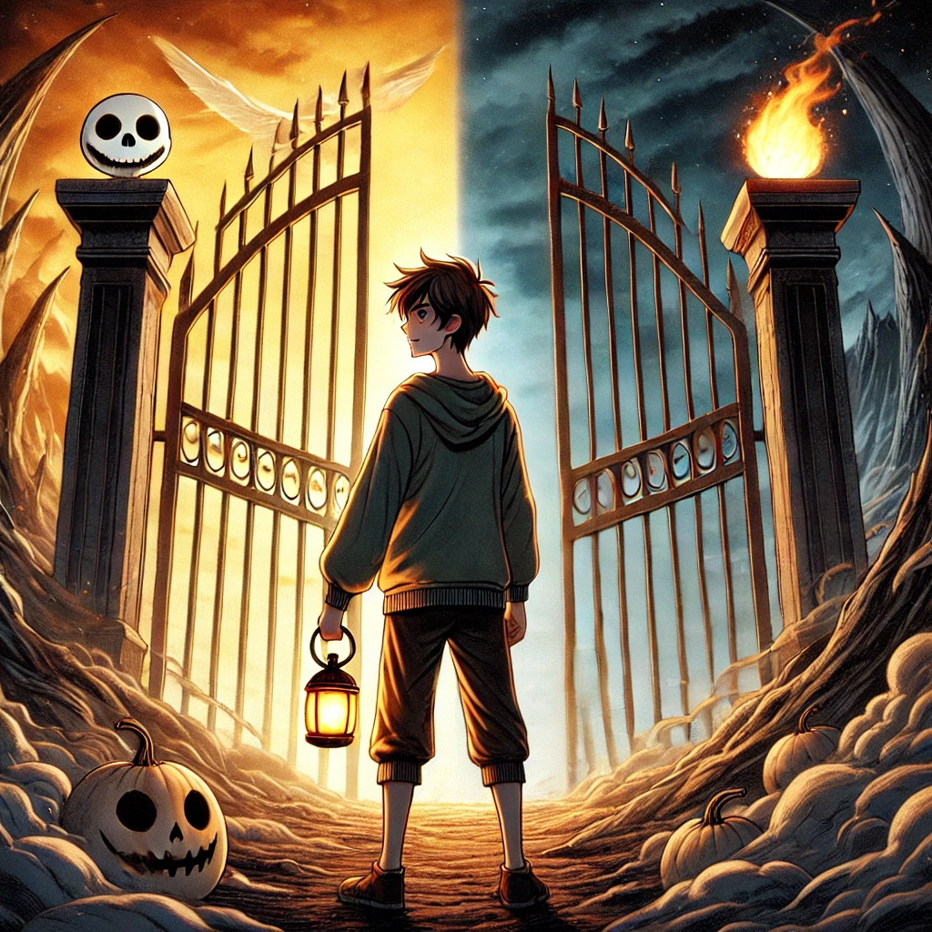 DALL·E-2024-10-07-19.25.18-A-scene-inspired-by-Japanese-anime-style-aimed-at-adults-depicting-Jacks-death.-Jack-looking-older-now-stands-at-the-gates-of-heaven-which-are-cl ハロウィンの話し：ジャック・オー・ランタン（悪魔をだました男の末路）を改めてAIと語るよー