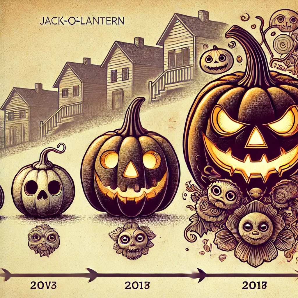 DALL·E-2024-10-07-19.33.25-An-illustration-showing-the-evolution-of-Jack-o-lantern-designs-over-time.-The-image-includes-three-stages_-the-traditional-Jack-o-lantern-with-a-si ハロウィンの話し：ジャック・オー・ランタン（悪魔をだました男の末路）を改めてAIと語るよー