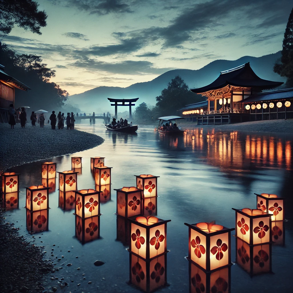 DALL·E-2024-10-07-19.37.11-A-serene-and-peaceful-Obon-scene-in-Japan-featuring-traditional-lanterns-floating-on-water-during-the-Toro-Nagashi-ceremony.-The-setting-includes-a-c ハロウィンの話し：ジャック・オー・ランタン（悪魔をだました男の末路）を改めてAIと語るよー