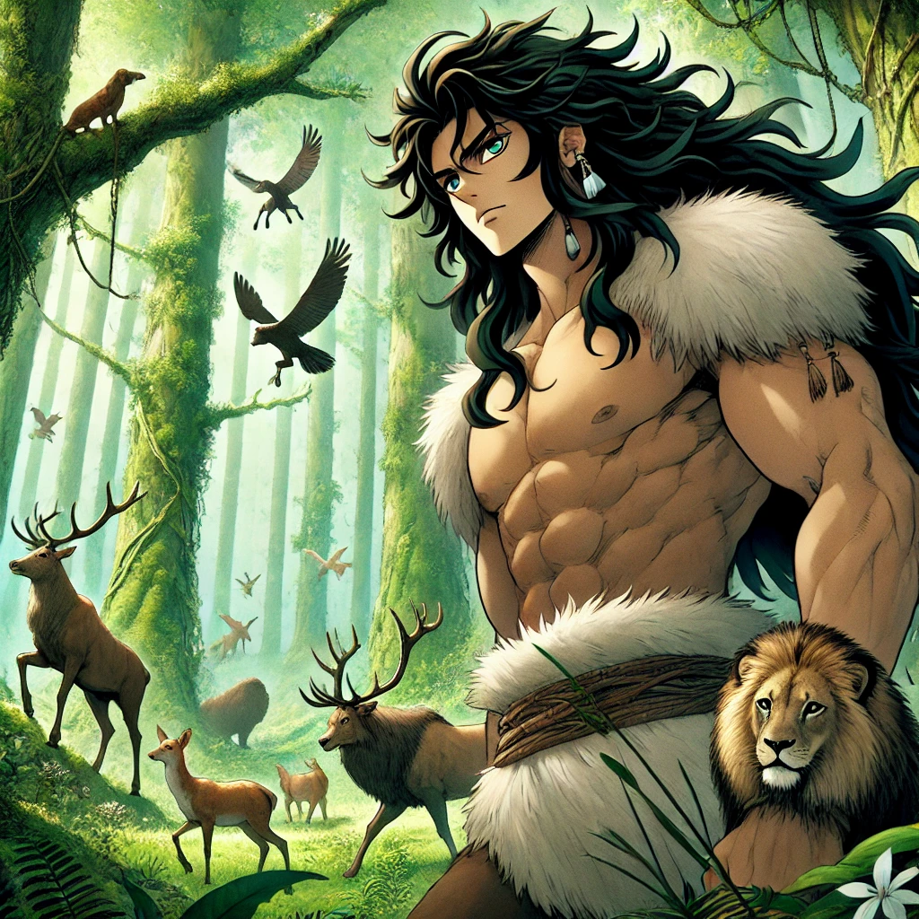 DALL·E-2024-10-08-03.26.05-In-a-lush-wild-forest-Enkidu-is-created-by-the-gods.-He-has-long-wild-black-hair-and-a-muscular-large-build.-His-skin-is-dark-brown-and-he-is-cov 『タブレット1: ギルガメシュの紹介とエンキドゥの創造』ギルガメシュ叙事詩を現代風のイラストでシンプルに読む！