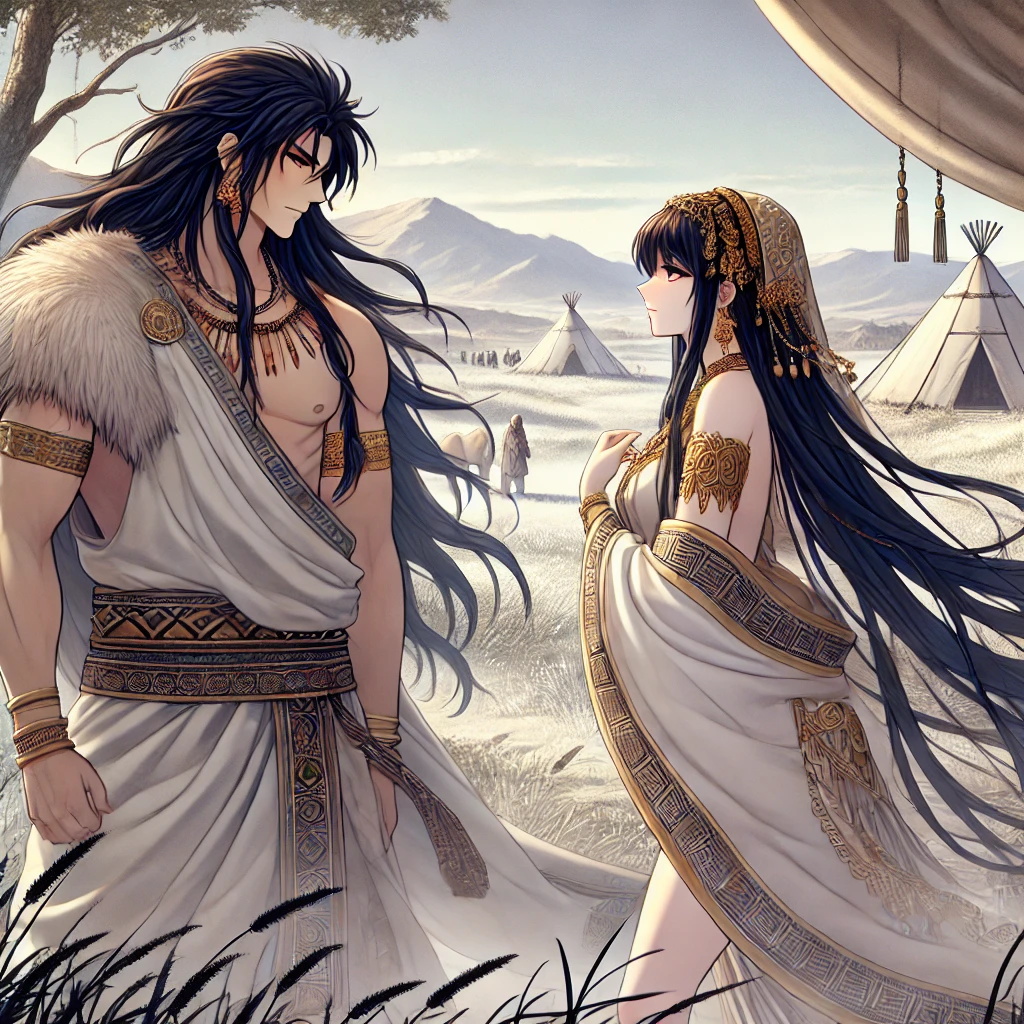 DALL·E-2024-10-09-00.47.47-In-a-serene-yet-mysterious-landscape-Enkidu-a-wild-man-with-long-black-hair-and-a-muscular-build-meets-Shamhat-a-beautiful-woman-with-flowing-robe 『タブレット2: ギルガメシュとエンキドゥの対決と友情の誕生』ギルガメシュ叙事詩を現代風のイラストでシンプルに読む！