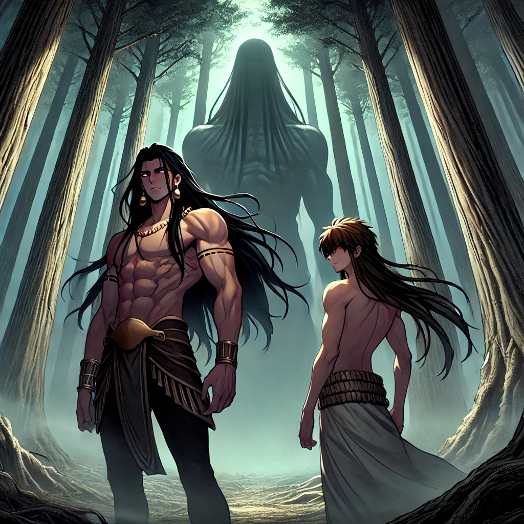 DALL·E-2024-10-10-02.48.54-Gilgamesh-and-Enkidu-arrive-at-the-sacred-Cedar-Forest.-The-atmosphere-is-eerie-and-ominous-with-towering-trees-and-a-thick-mist-covering-the-ground 『タブレット4: フンババとの対決』ギルガメシュ叙事詩を現代風のイラストでシンプルに読む！