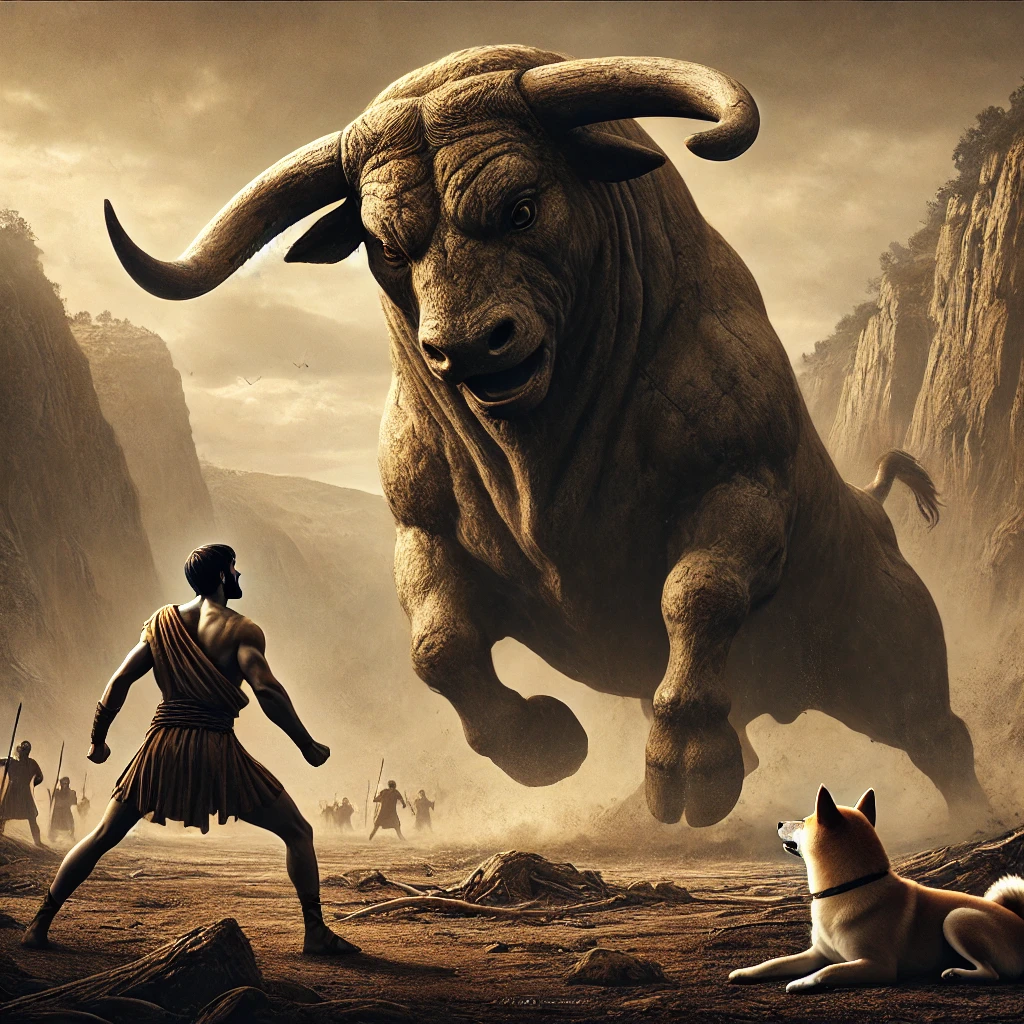 DALL·E-2024-10-10-03.03.15-A-dramatic-scene-from-Greek-mythology-where-Heracles-is-facing-the-giant-Cretan-Bull-as-part-of-his-seventh-labor.-The-bull-is-large-and-wild-chargin ギリシャ神話With柴犬 ：ヘラクレスの十二の試練【⑦クレタの雄牛捕獲】