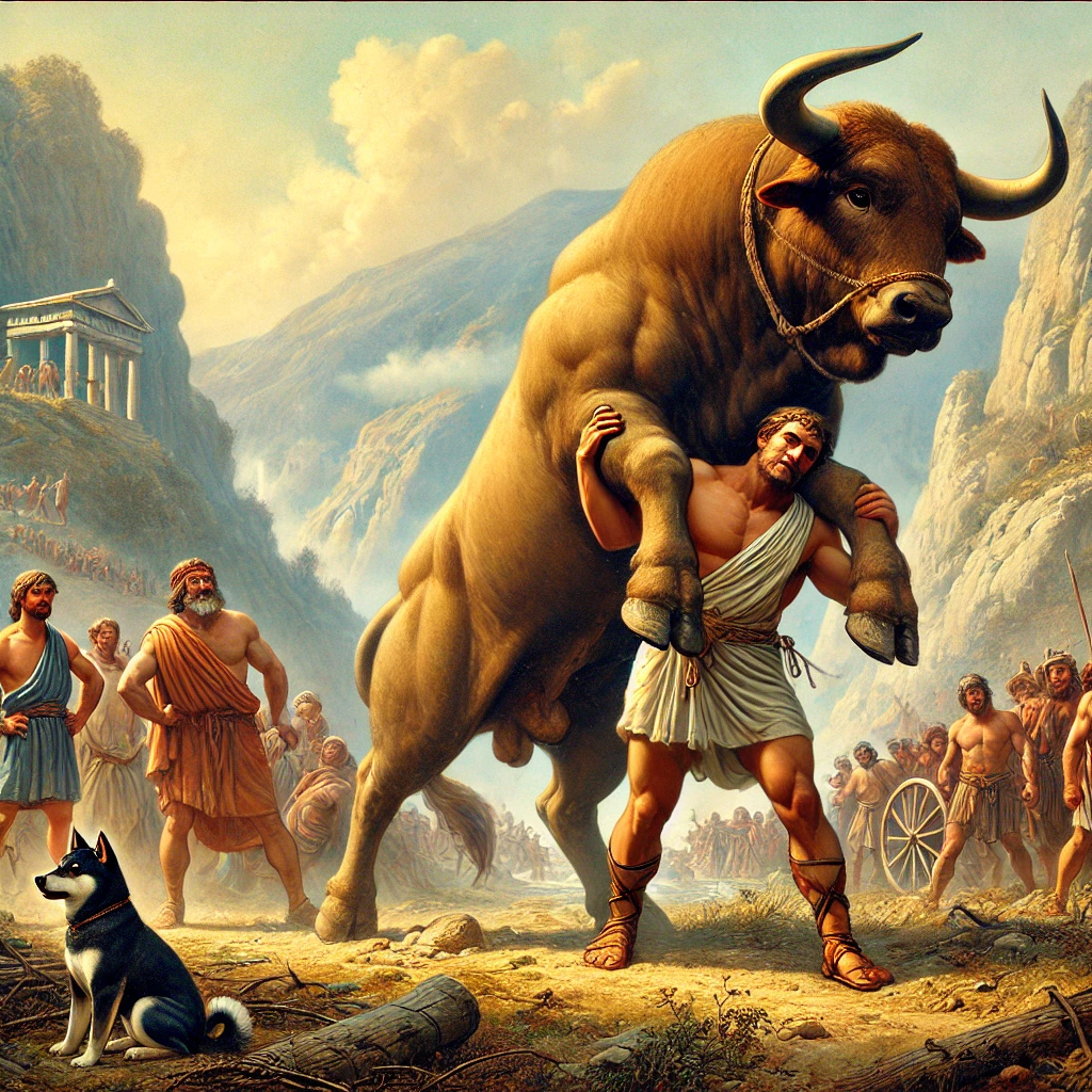 DALL·E-2024-10-10-03.06.23-A-triumphant-scene-from-Greek-mythology-where-Heracles-is-carrying-the-captured-Cretan-Bull-back-after-successfully-completing-his-seventh-labor.-The- ギリシャ神話With柴犬 ：ヘラクレスの十二の試練【⑦クレタの雄牛捕獲】