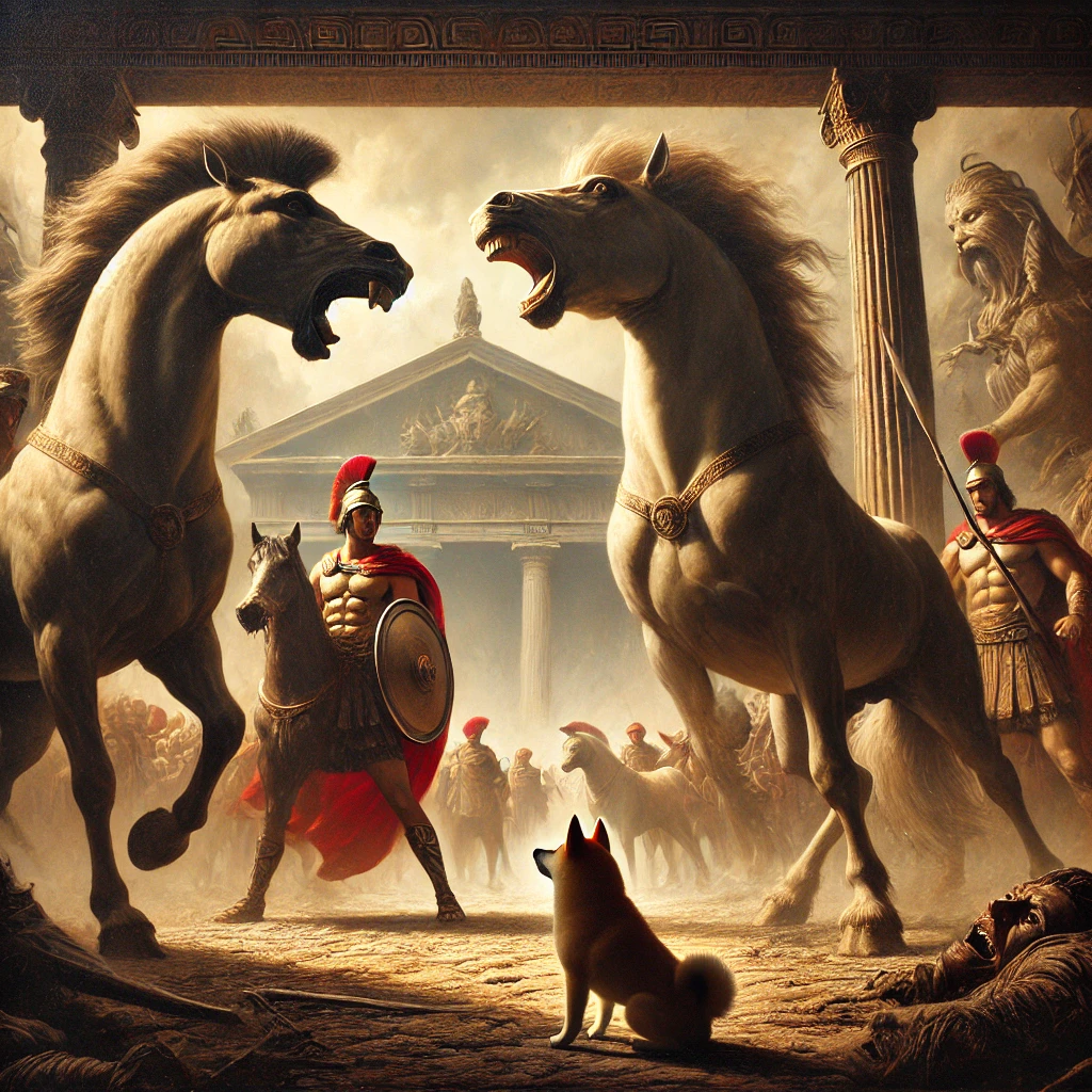 DALL·E-2024-10-10-03.12.40-A-dramatic-scene-from-Greek-mythology-where-Heracles-is-facing-the-man-eating-horses-of-King-Diomedes-as-part-of-his-eighth-labor.-The-horses-are-wild ギリシャ神話With柴犬 ：ヘラクレスの十二の試練【⑧ディオメデスの人喰い馬退治】