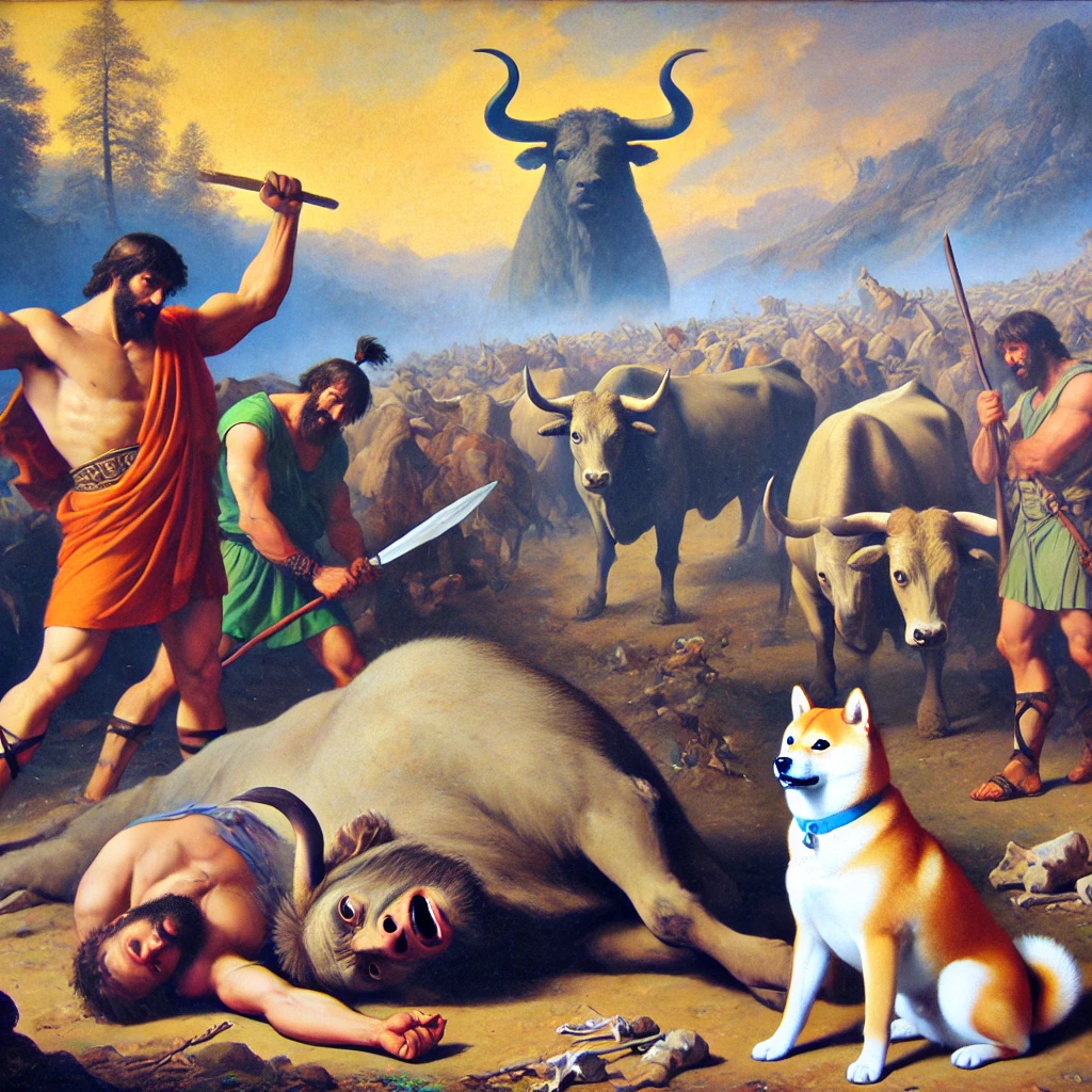 DALL·E-2024-10-10-22.15.28-A-dramatic-scene-from-Greek-mythology-where-Heracles-has-defeated-the-three-bodied-giant-Geryon-and-claimed-his-cattle-during-his-tenth-labor.-Geryon- ギリシャ神話With柴犬：ヘラクレスの十二の試練【⑩ゲリュオンの牛を奪う】