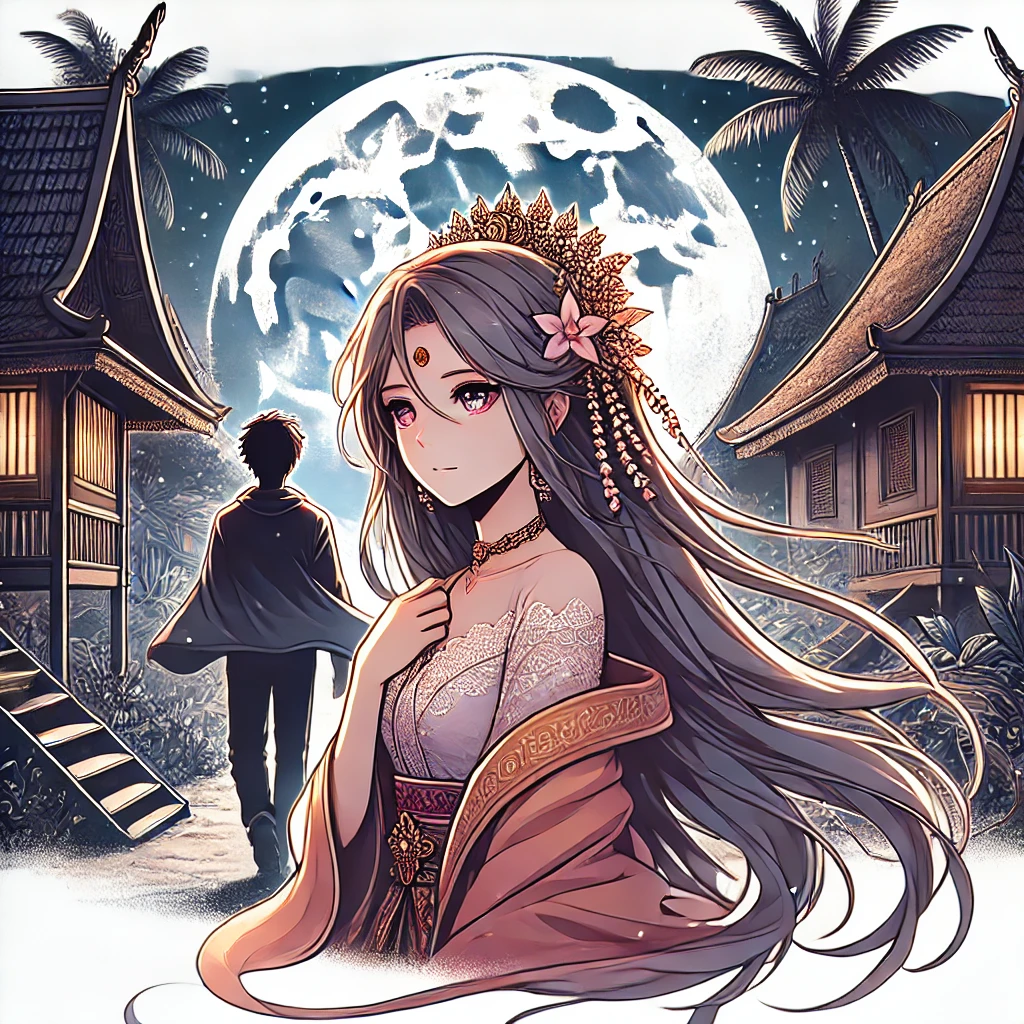 DALL·E-2024-10-11-19.06.47-An-anime-style-illustration-of-Taranga-the-beautiful-Indonesian-village-woman-with-long-flowing-hair-walking-away-under-the-cold-moonlight-leaving- 浮気の代償は石になることだった⁉インドネシアにある風習や伝承を元にAIと創作！「タランガの呪い」