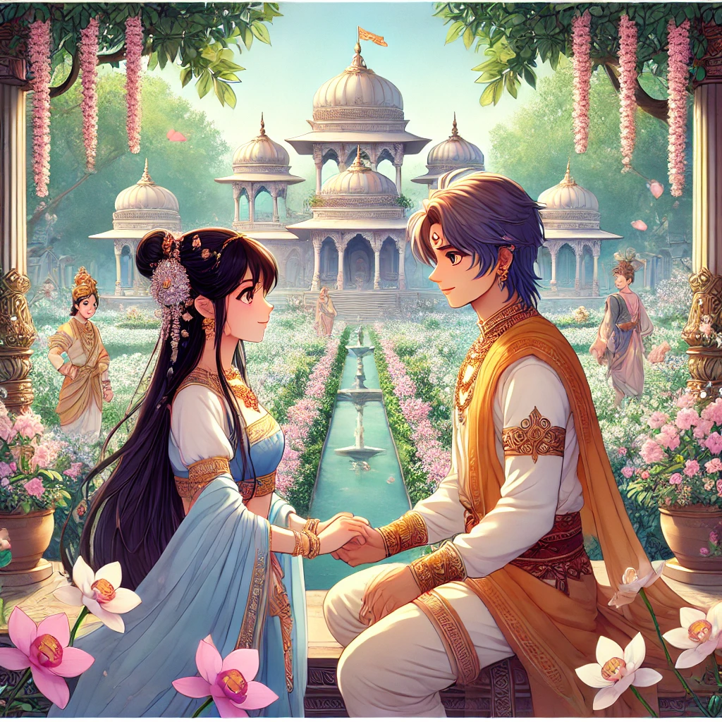 DALL·E-2024-10-12-02.41.27-An-anime-style-illustration-of-Rama-a-handsome-and-brave-young-prince-meeting-Sita-a-beautiful-and-wise-princess-in-a-lush-royal-garden.-The-two-c ラーマーヤナ（世界屈指の叙事詩）を少しだけ紹介ハヌマーンとともに妻を救うラーマ王子の話し