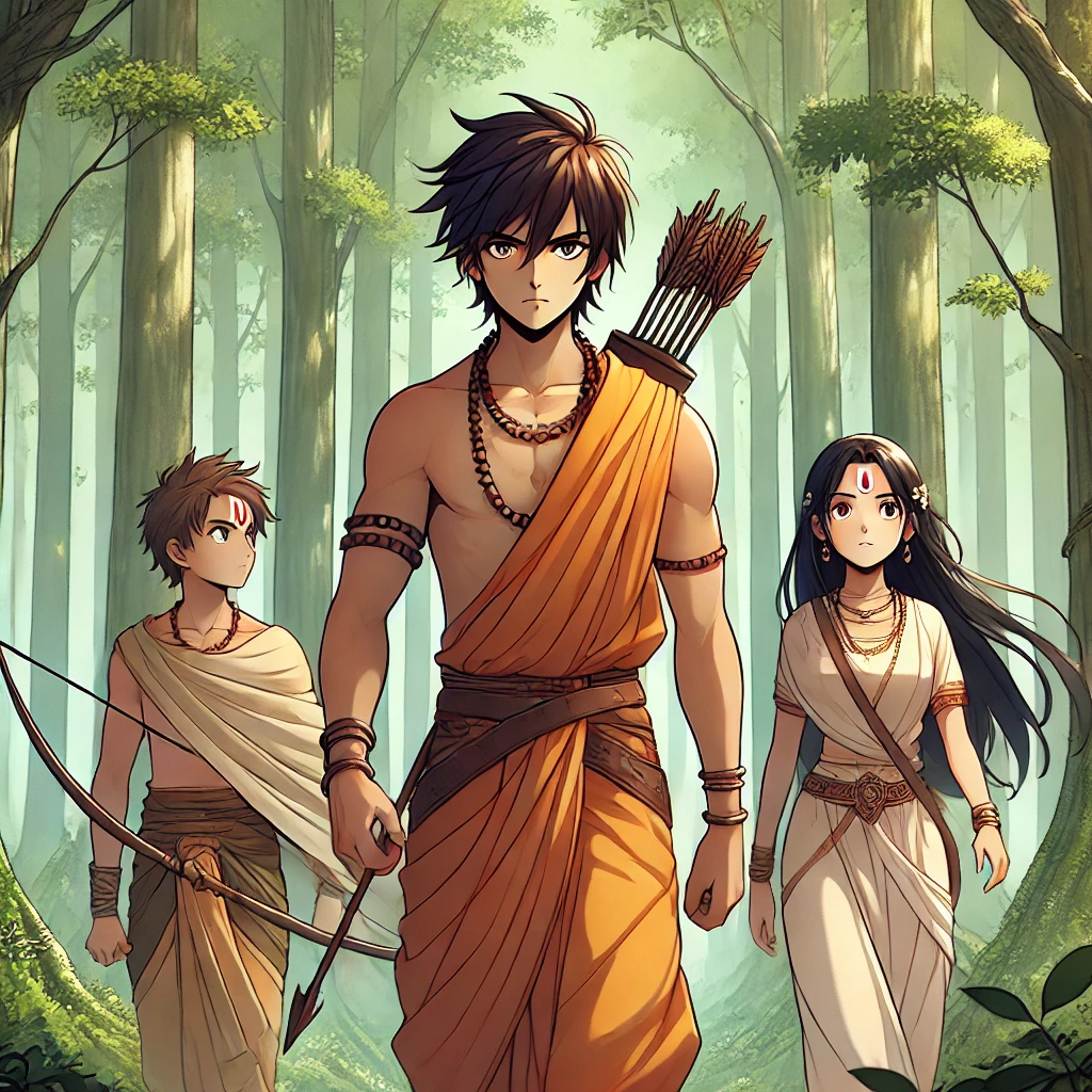 DALL·E-2024-10-12-02.44.24-An-anime-style-illustration-of-Rama-Sita-and-Lakshmana-walking-together-through-a-dense-forest-after-being-exiled-from-the-kingdom.-Rama-looks-deter ラーマーヤナ（世界屈指の叙事詩）を少しだけ紹介ハヌマーンとともに妻を救うラーマ王子の話し