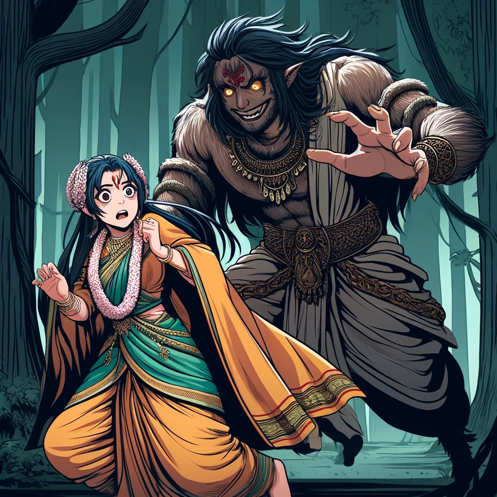 DALL·E-2024-10-12-02.46.04-An-anime-style-illustration-of-Ravana-disguised-as-an-old-man-kidnapping-Sita-in-a-dense-forest.-Sita-is-wearing-traditional-Indian-clothing-with-a- ラーマーヤナ（世界屈指の叙事詩）を少しだけ紹介ハヌマーンとともに妻を救うラーマ王子の話し