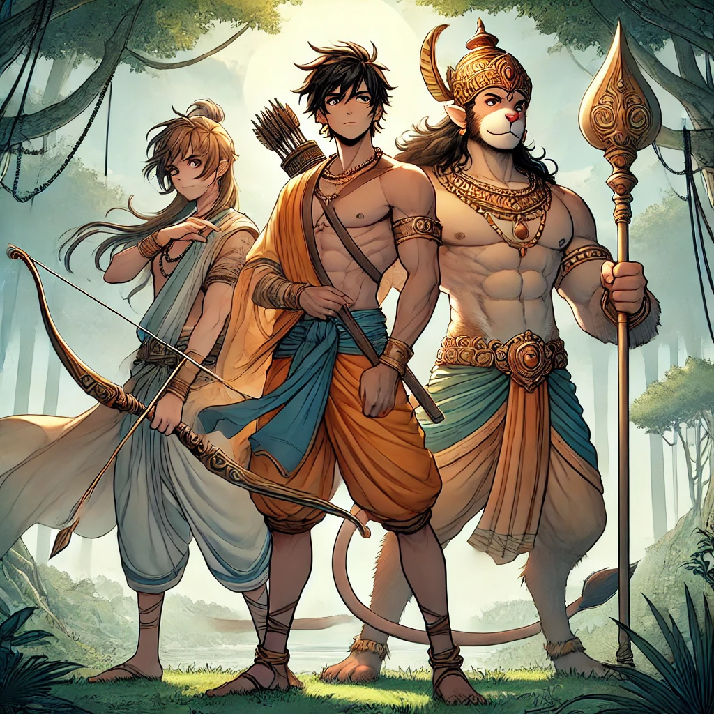 DALL·E-2024-10-12-02.47.20-An-anime-style-illustration-of-Rama-Lakshmana-and-Hanuman-standing-together-as-they-prepare-to-set-off-on-a-journey-to-rescue-Sita.-Rama-is-holding- ラーマーヤナ（世界屈指の叙事詩）を少しだけ紹介ハヌマーンとともに妻を救うラーマ王子の話し