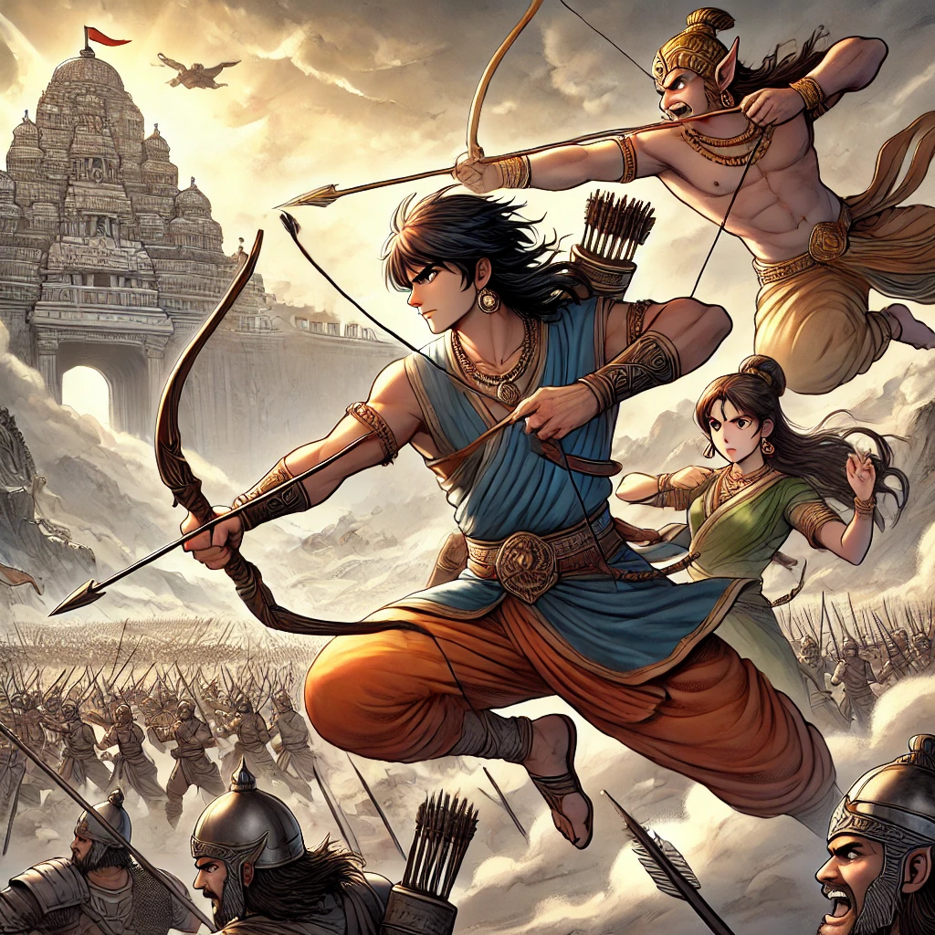 DALL·E-2024-10-12-02.49.16-An-anime-style-illustration-of-Rama-Lakshmana-and-Hanuman-leading-a-battle-against-Ravanas-army-at-the-gates-of-Lanka.-Rama-is-depicted-as-a-heroic ラーマーヤナ（世界屈指の叙事詩）を少しだけ紹介ハヌマーンとともに妻を救うラーマ王子の話し