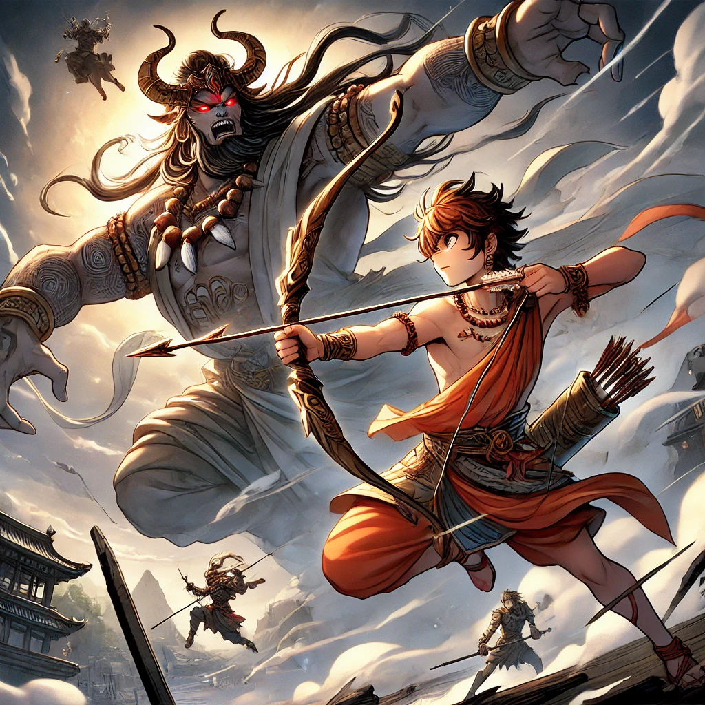 DALL·E-2024-10-12-02.50.49-An-anime-style-illustration-of-Rama-and-Ravana-in-a-dramatic-battle.-Rama-holding-his-bow-shoots-a-powerful-arrow-at-Ravana-who-is-depicted-as-a-la ラーマーヤナ（世界屈指の叙事詩）を少しだけ紹介ハヌマーンとともに妻を救うラーマ王子の話し