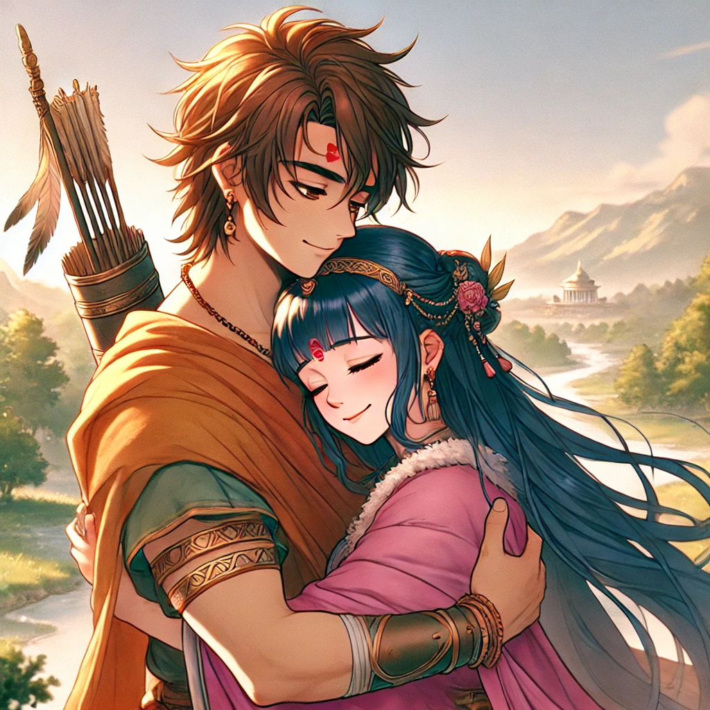 DALL·E-2024-10-12-02.52.29-An-anime-style-illustration-of-Rama-and-Sita-reunited-after-the-battle-embracing-each-other-with-love-and-relief.-Sita-is-smiling-warmly-as-she-rest ラーマーヤナ（世界屈指の叙事詩）を少しだけ紹介ハヌマーンとともに妻を救うラーマ王子の話し