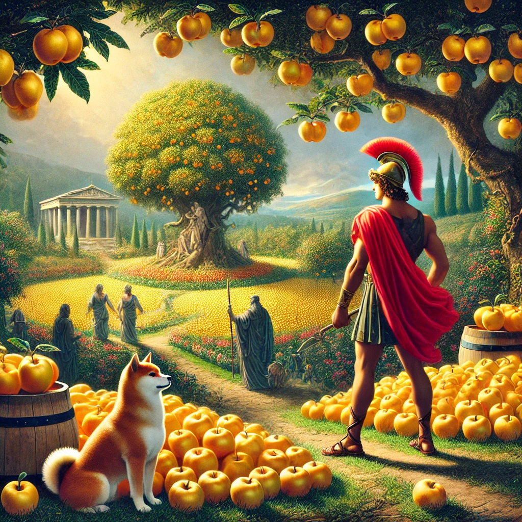 DALL·E-2024-10-17-02.59.07-A-dramatic-scene-from-Greek-mythology-where-Heracles-stands-before-the-beautiful-garden-of-the-Hesperides-preparing-to-take-the-golden-apples-as-part ギリシャ神話With柴犬：ヘラクレスの十二の試練【⑪ヘスペリデスの黄金のリンゴを取る試練】