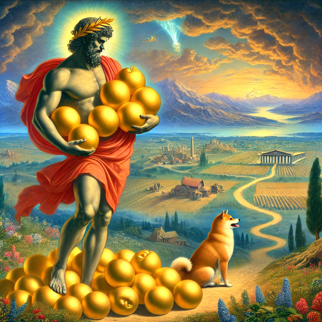 DALL·E-2024-10-17-03.01.35-A-triumphant-scene-from-Greek-mythology-where-Heracles-is-carrying-the-golden-apples-of-the-Hesperides-back-after-successfully-completing-his-eleventh ギリシャ神話With柴犬：ヘラクレスの十二の試練【⑪ヘスペリデスの黄金のリンゴを取る試練】