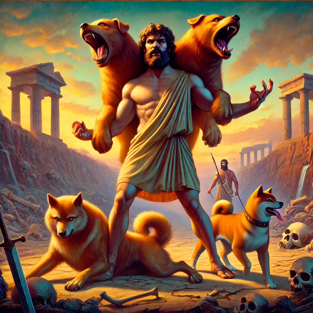 DALL·E-2024-10-19-04.21.30-A-triumphant-scene-from-Greek-mythology-where-Heracles-has-successfully-subdued-the-three-headed-Cerberus-and-is-bringing-him-out-of-the-underworld-du ギリシャ神話With柴犬：ヘラクレスの十二の試練【⑫ケルベロスを冥界から連れ出す試練】