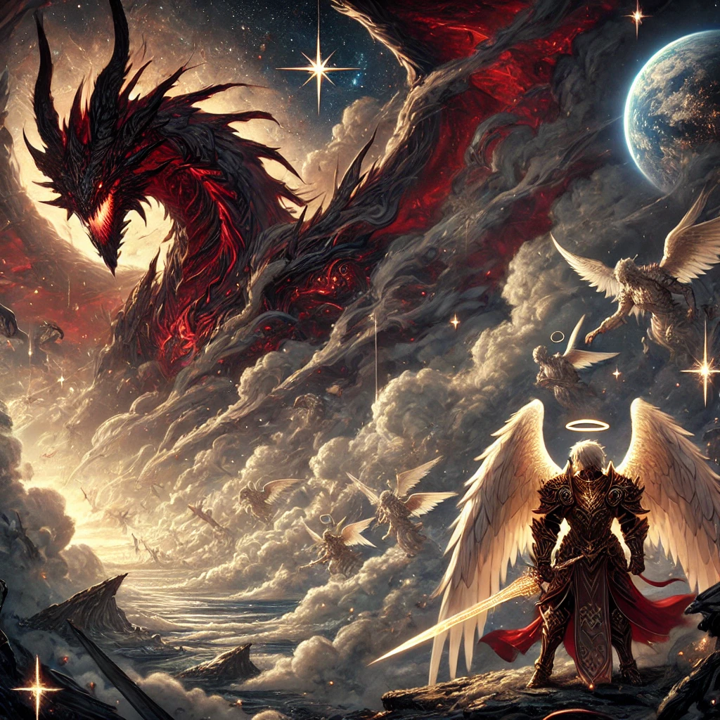 DALL·E-2024-10-19-23.07.22-A-dramatic-scene-set-in-the-heavens-with-dark-clouds-swirling-and-distant-stars-being-pulled-down.-In-the-background-a-massive-red-dragon-with-seven 聖ミカエルとドラゴン（ヨハネの黙示録より）をAIと読み解いてみるよー