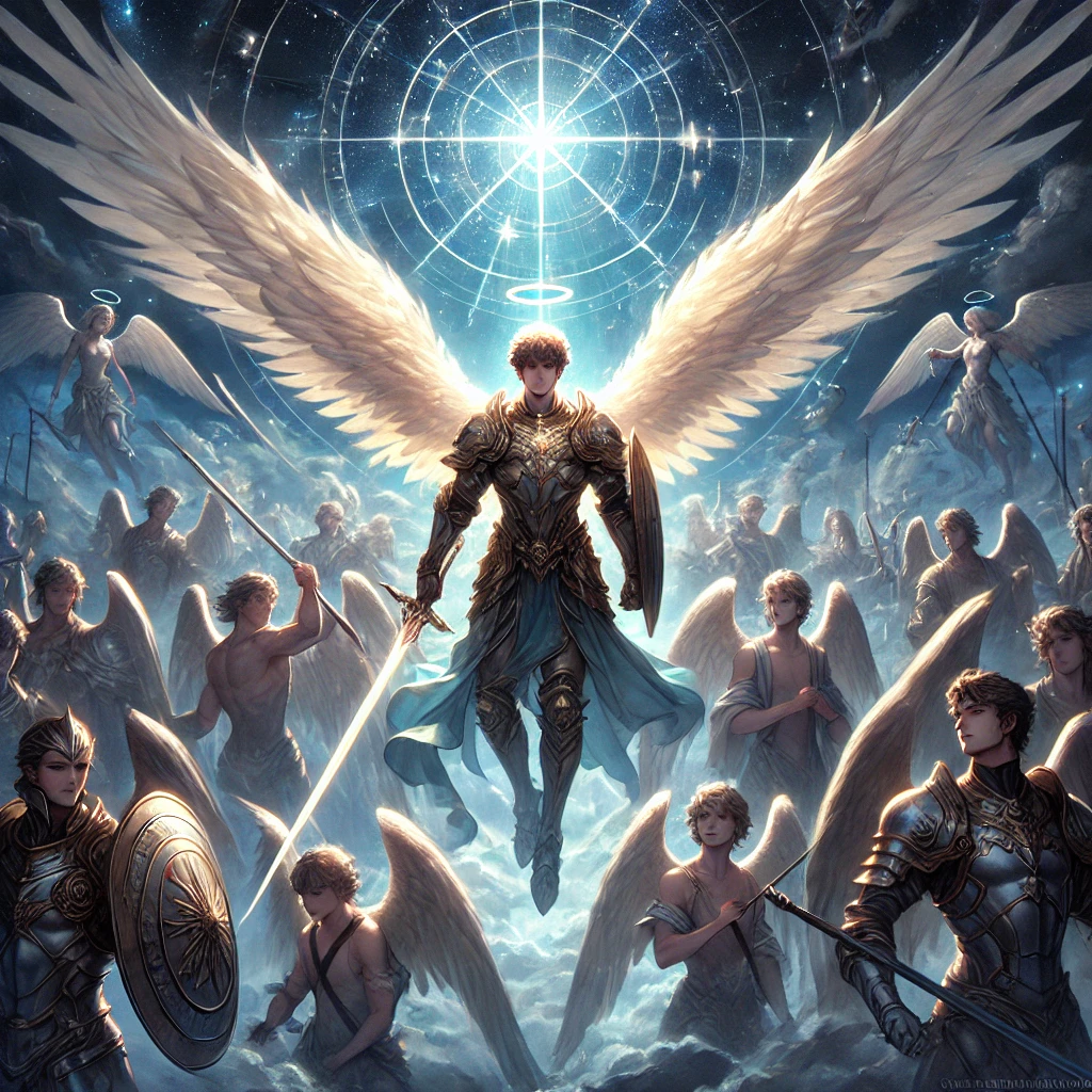 DALL·E-2024-10-19-23.09.52-In-the-heavens-Archangel-Michael-stands-in-the-center-bathed-in-divine-light.-His-radiant-armor-shines-and-he-holds-his-sword-high.-Surrounding-him 聖ミカエルとドラゴン（ヨハネの黙示録より）をAIと読み解いてみるよー