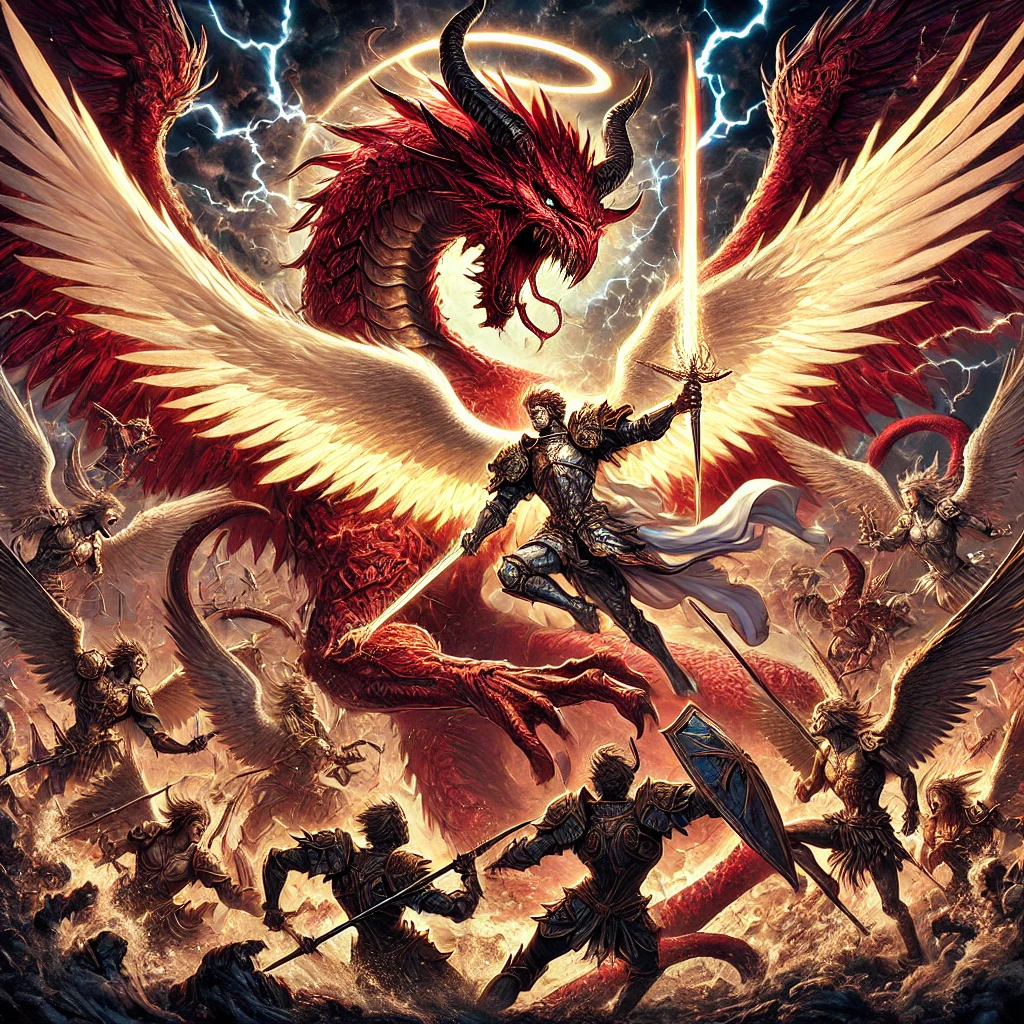 DALL·E-2024-10-19-23.15.06-A-dramatic-battle-scene-in-the-heavens.-Archangel-Michael-in-radiant-armor-charges-forward-with-his-glowing-sword-raised-high-leading-the-army-of-a 聖ミカエルとドラゴン（ヨハネの黙示録より）をAIと読み解いてみるよー