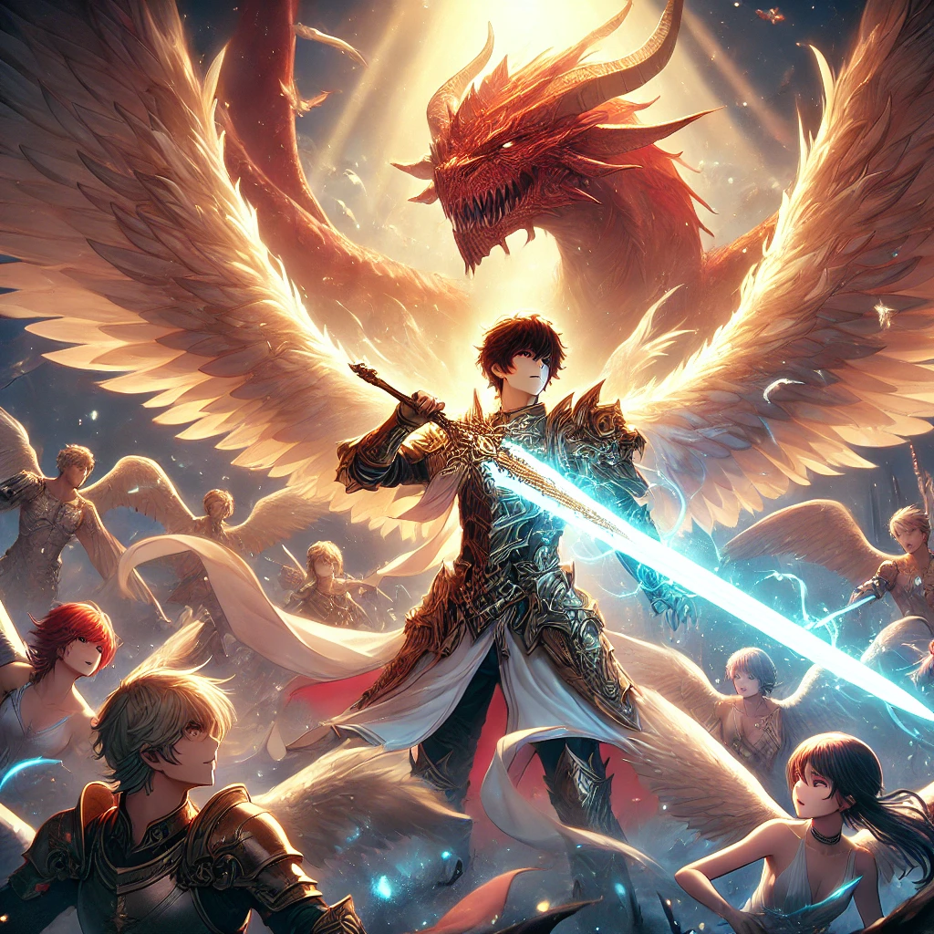 DALL·E-2024-10-19-23.19.24-A-powerful-scene-where-Archangel-Michael-stands-tall-bathed-in-divine-light-holding-his-glowing-sword-high-as-he-prepares-to-lead-a-counterattack.-T 聖ミカエルとドラゴン（ヨハネの黙示録より）をAIと読み解いてみるよー