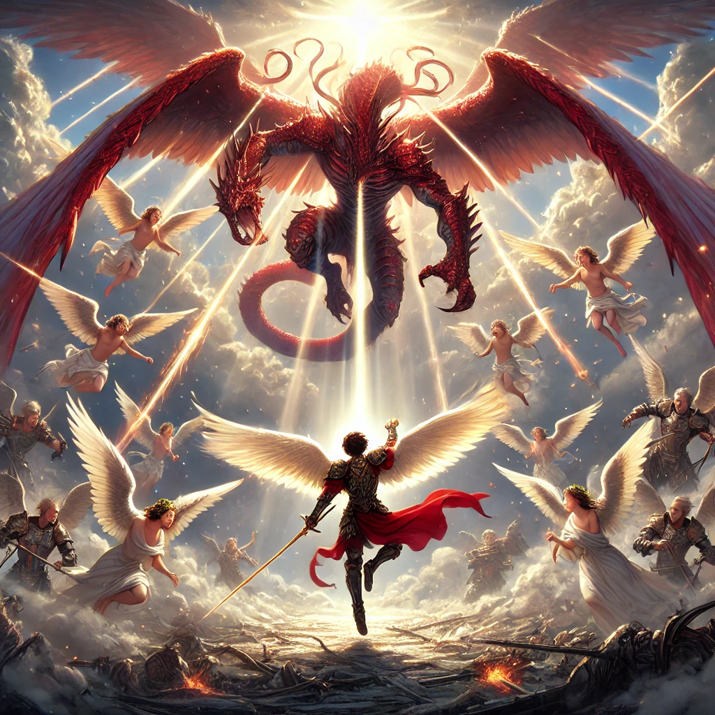 DALL·E-2024-10-19-23.21.38-A-climactic-scene-where-Archangel-Michael-glowing-with-divine-light-strikes-down-the-massive-red-dragon-with-seven-heads.-The-dragon-now-defeated- 聖ミカエルとドラゴン（ヨハネの黙示録より）をAIと読み解いてみるよー