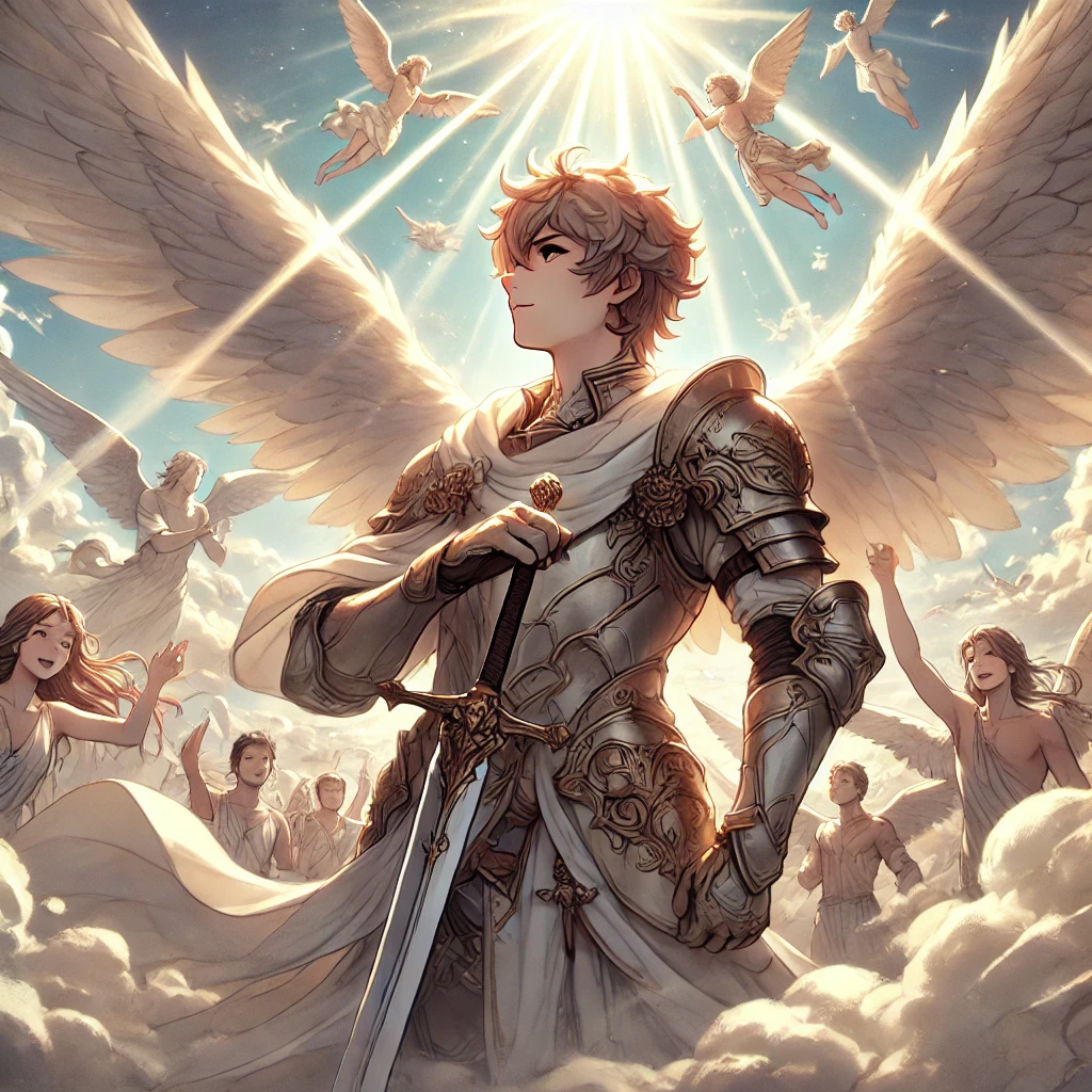 DALL·E-2024-10-19-23.23.23-A-peaceful-scene-in-the-heavens-where-Archangel-Michael-now-calm-and-composed-stands-with-his-sword-sheathed.-He-is-surrounded-by-angels-celebrating 聖ミカエルとドラゴン（ヨハネの黙示録より）をAIと読み解いてみるよー