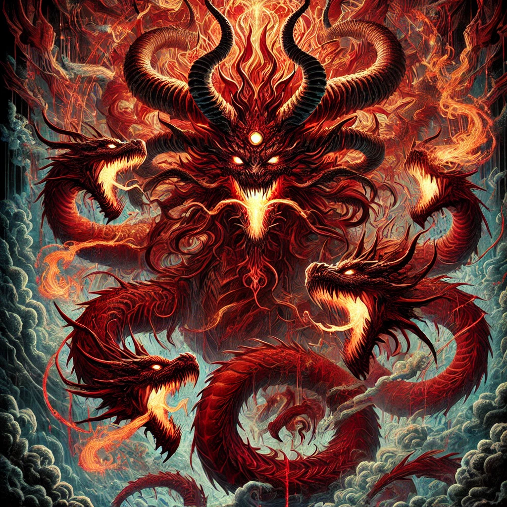 DALL·E-2024-10-19-23.33.50-A-depiction-of-Satan-as-a-massive-and-menacing-red-dragon-with-seven-heads-and-ten-horns-inspired-by-the-description-from-the-Book-of-Revelation.-The 聖ミカエルとドラゴン（ヨハネの黙示録より）をAIと読み解いてみるよー