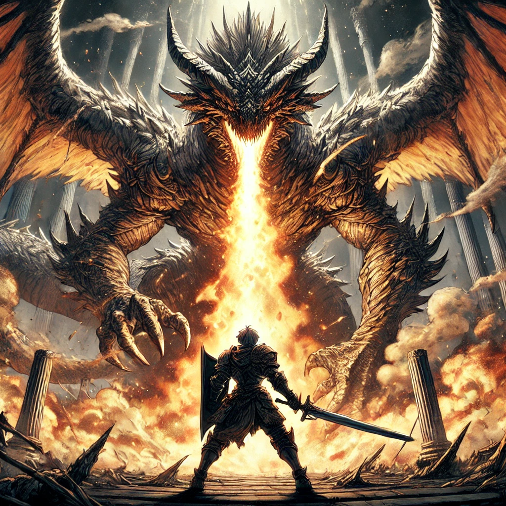 DALL·E-2024-10-20-16.09.12-Beowulf-stands-ready-with-his-sword-facing-a-massive-dragon-emerging-from-its-lair.-The-dragon-spreads-its-enormous-wings-and-breathes-fire-filling- ベオウルフ最後の戦い～イギリスで書かれたスカンジナビアの英雄物語から