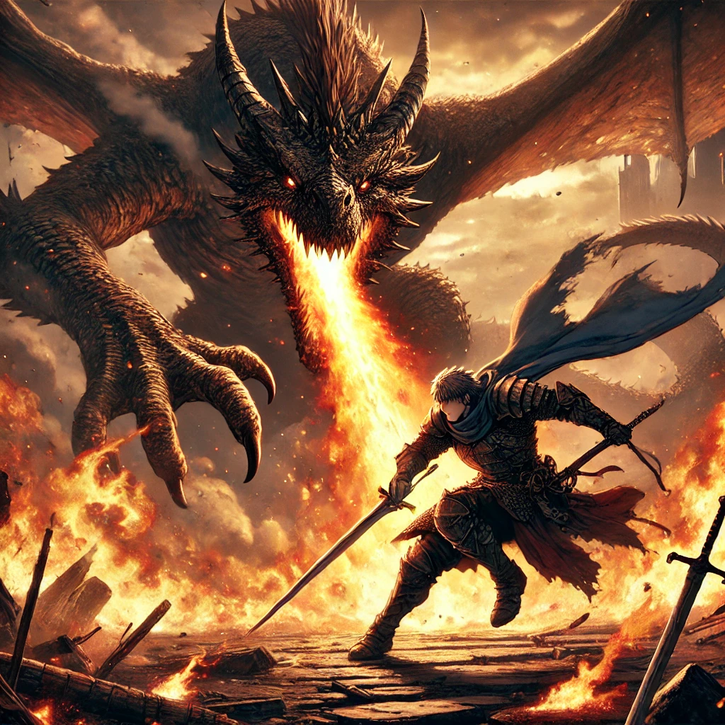 DALL·E-2024-10-20-16.10.35-A-fierce-battle-scene-where-Beowulf-wielding-his-sword-fights-against-a-massive-dragon.-The-dragon-breathes-fire-and-the-ground-around-them-is-scor ベオウルフ最後の戦い～イギリスで書かれたスカンジナビアの英雄物語から