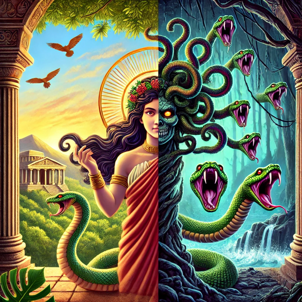 DALL·E-2024-10-20-23.34.20-A-dramatic-depiction-of-Medusa-from-Greek-mythology-showing-both-her-forms.-On-one-side-she-is-portrayed-as-a-beautiful-woman-before-being-cursed-w ギリシャ神話With柴犬：ペルセウスの神話（メデューサを討つ）