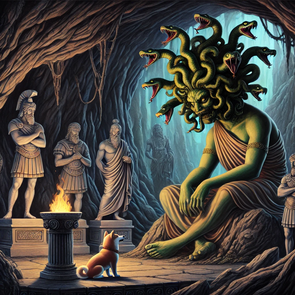 DALL·E-2024-10-21-02.37.34-A-solemn-scene-from-Greek-mythology-where-Medusa-now-cursed-and-transformed-into-a-monster-sits-alone-in-a-dark-cave.-Around-her-are-stone-statues-o ギリシャ神話With柴犬：アテナの呪い！絶世の美女だったメデューサの悲劇