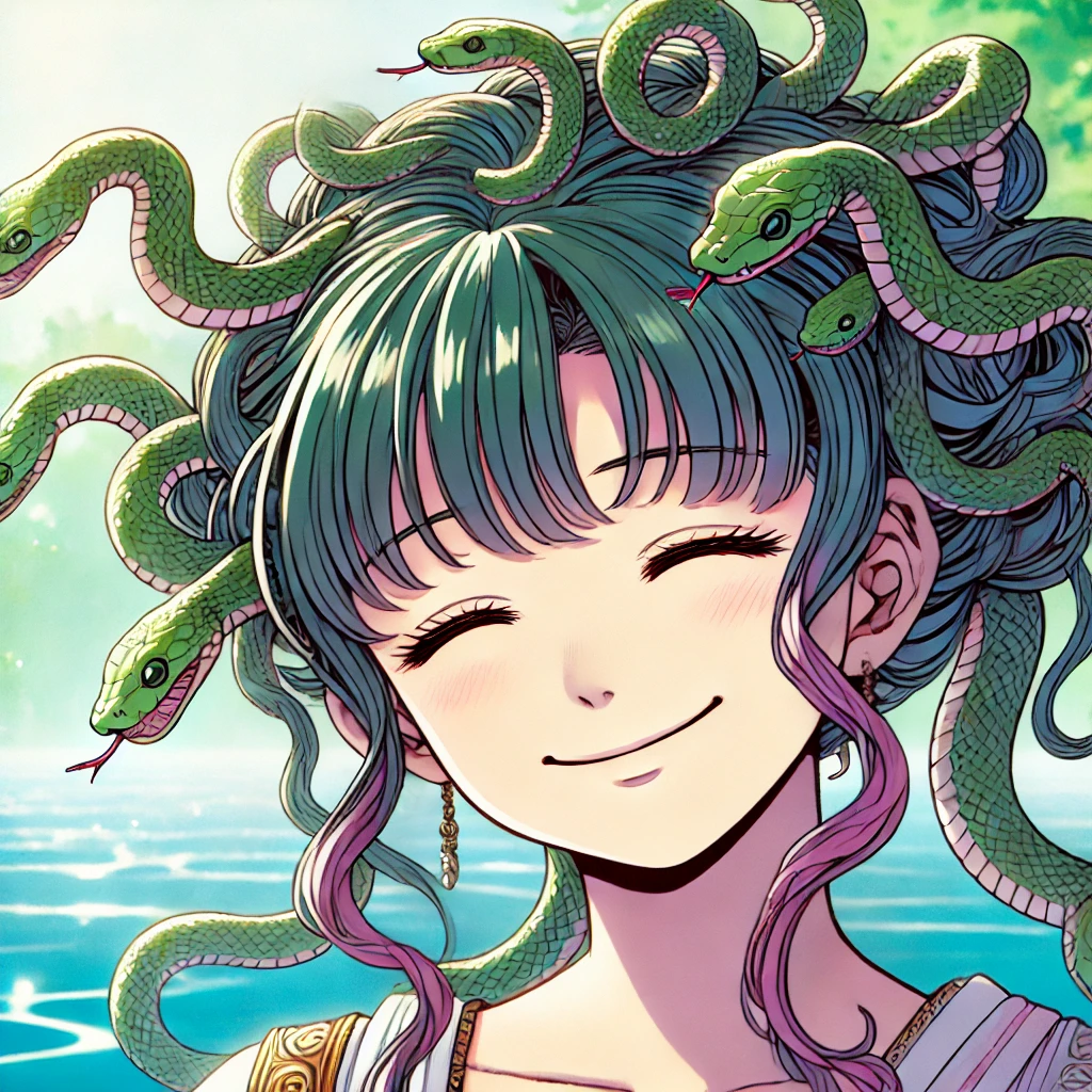 DALL·E-2024-10-21-02.54.33-A-depiction-of-Medusa-from-Greek-mythology-smiling-peacefully-in-a-Japanese-anime-style.-Medusa-is-shown-with-her-characteristic-snake-hair-but-her- ギリシャ神話With柴犬：アテナの呪い！絶世の美女だったメデューサの悲劇