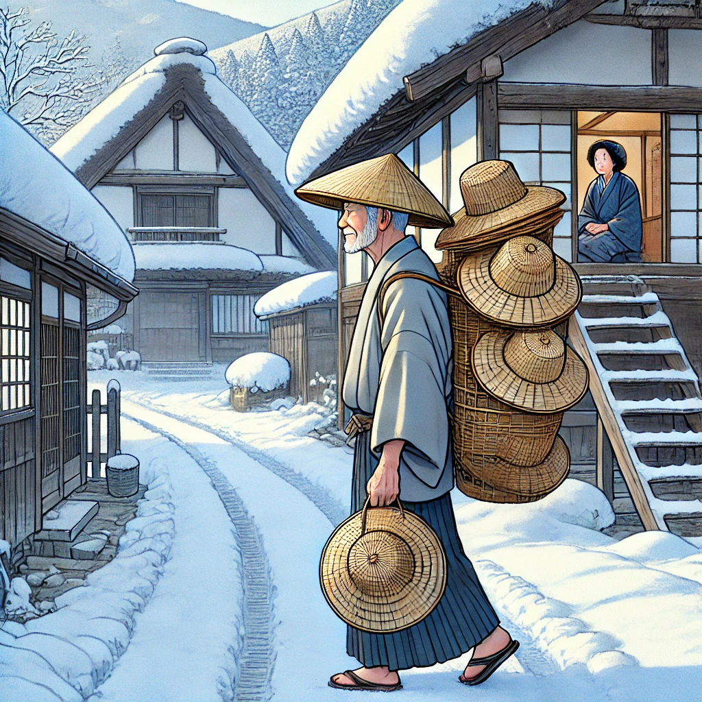 DALL·E-2024-10-22-02.13.57-An-elderly-man-walking-through-a-snowy-village-path-carrying-straw-hats-kasa-on-his-back.-The-man-wears-a-humble-kimono-and-the-snow-covered-villa 傘地蔵＆傘地蔵SNS編冬の奇跡！女子大生綾香の話し。