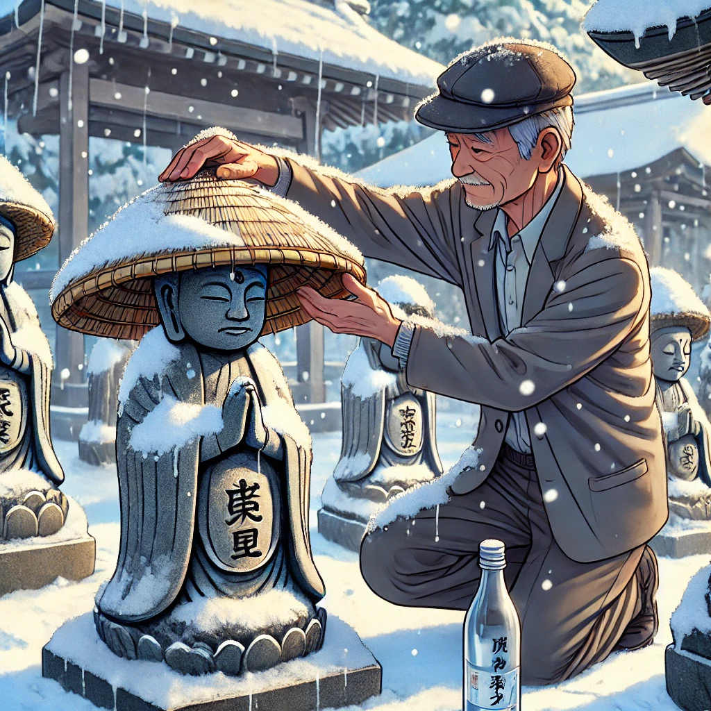 DALL·E-2024-10-22-02.14.07-An-elderly-man-putting-a-straw-hat-kasa-on-a-Jizo-statue-in-the-snow.-The-Jizo-statue-stands-still-covered-in-snow-and-the-man-is-carefully-placin 傘地蔵＆傘地蔵SNS編冬の奇跡！女子大生綾香の話し。