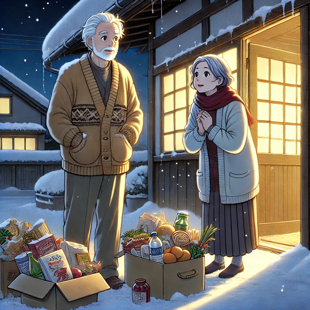 DALL·E-2024-10-22-02.14.45-An-elderly-couple-standing-outside-their-humble-home-in-the-snow-at-night-looking-surprised-and-grateful-as-they-find-many-New-Years-gifts-and-food- 傘地蔵＆傘地蔵SNS編冬の奇跡！女子大生綾香の話し。